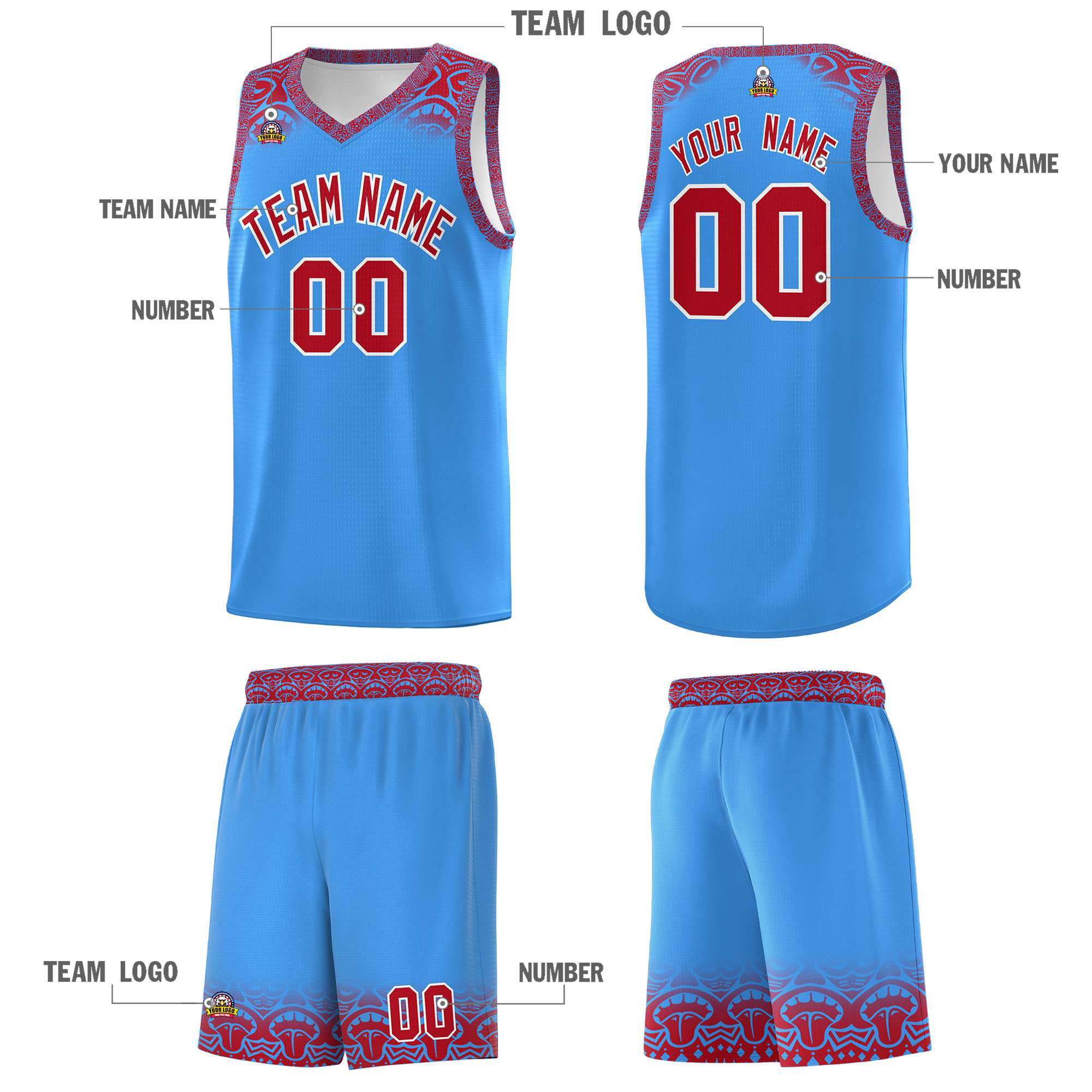 Custom Powder Blue Red Personalized Indians Print Kits Sports Uniform Basketball Jersey|KXKSHOP