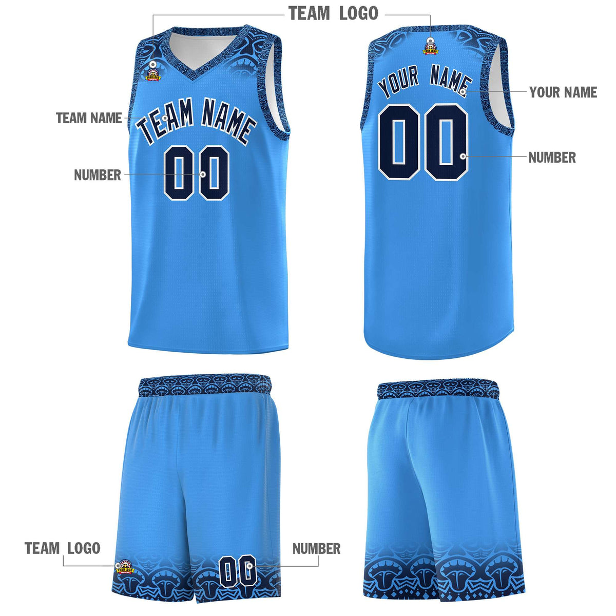 Custom Powder Blue Black Personalized Indians Print Kits Sports Uniform Basketball Jersey|KXKSHOP