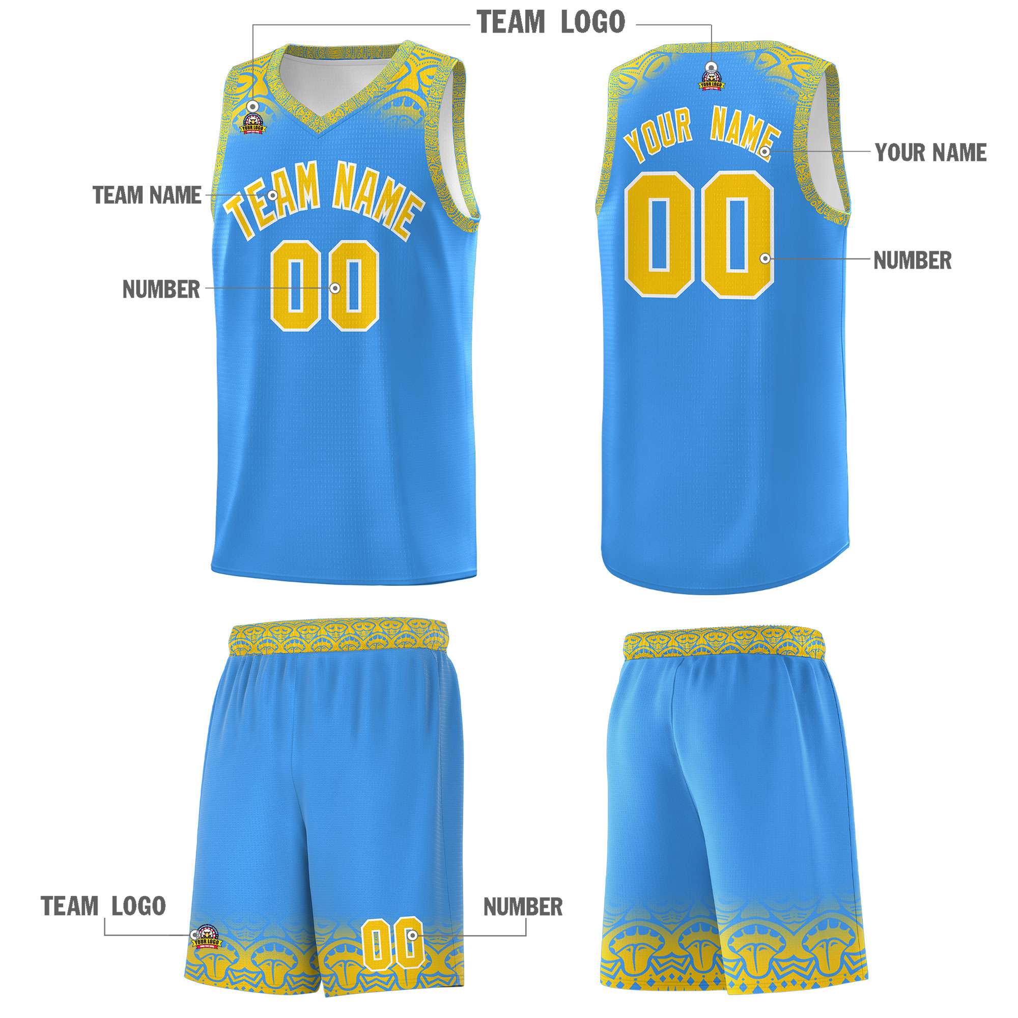 Custom Powder Blue Gold Personalized Indians Print Kits Sports Uniform Basketball Jersey|KXKSHOP