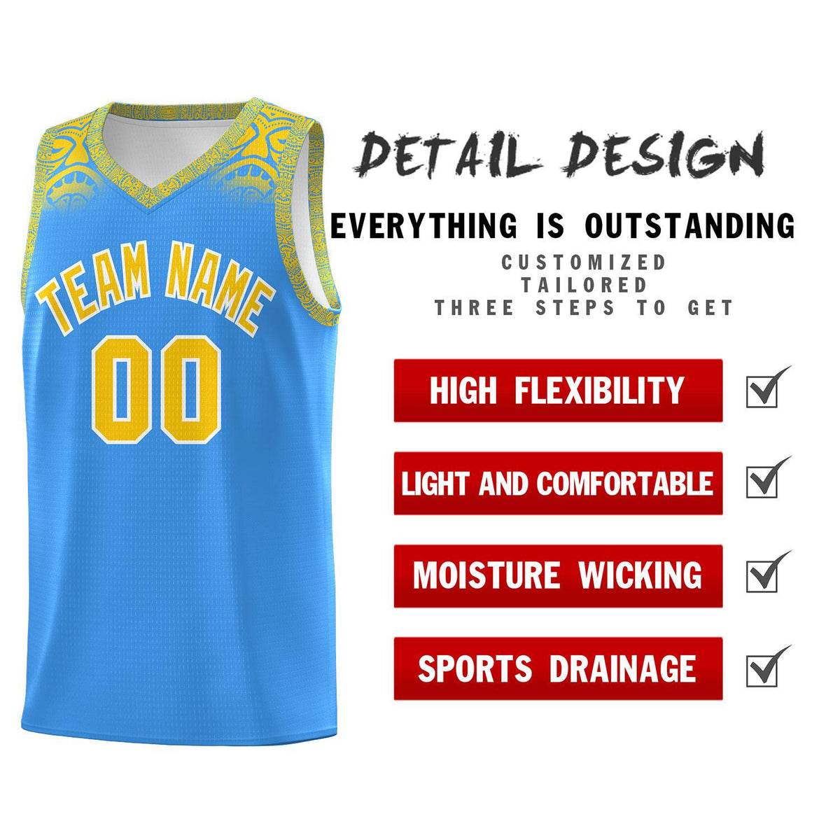 Custom Powder Blue Gold Personalized Indians Print Kits Sports Uniform Basketball Jersey|KXKSHOP