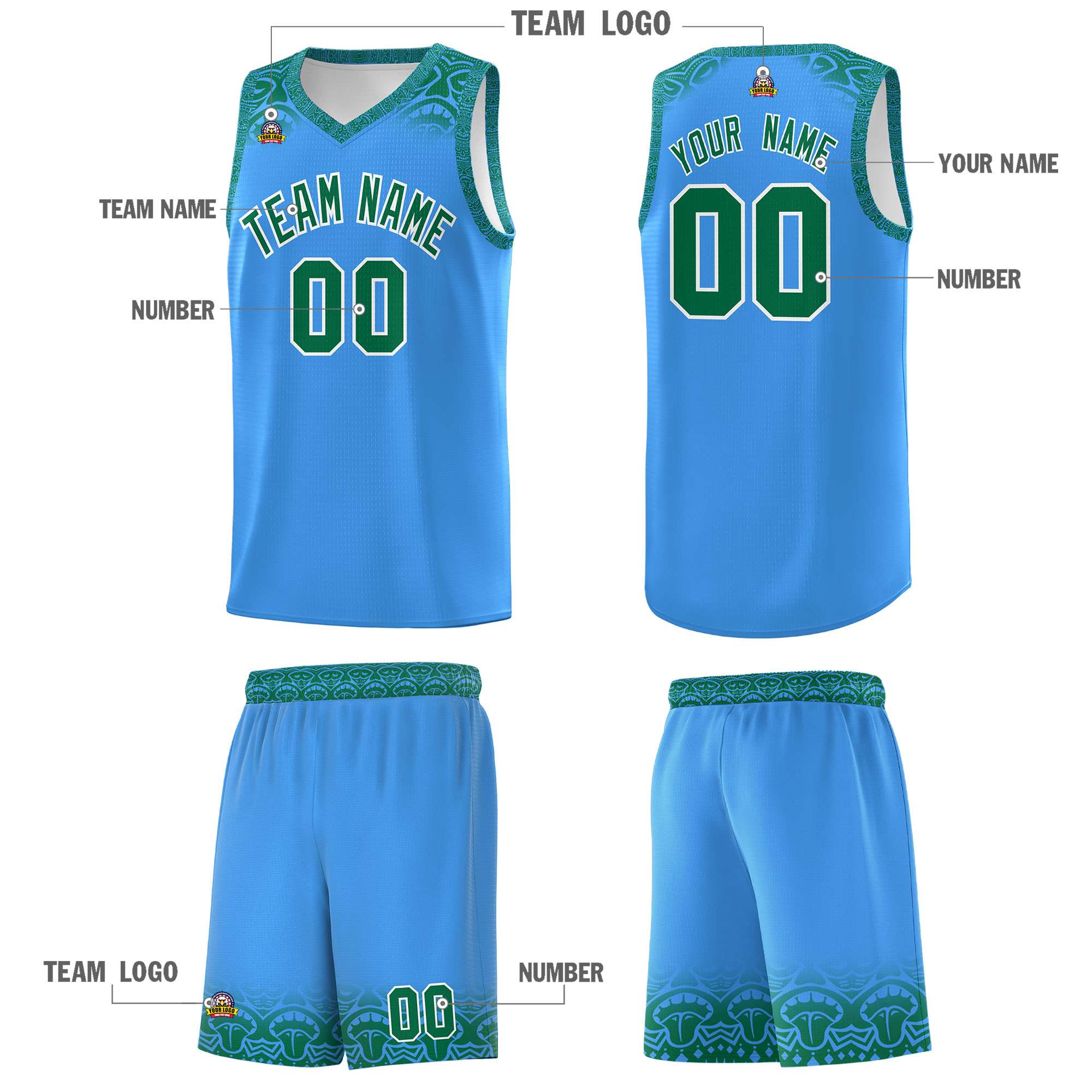 Custom Powder Blue Kelly Green Personalized Indians Print Kits Sports Uniform Basketball Jersey|KXKSHOP
