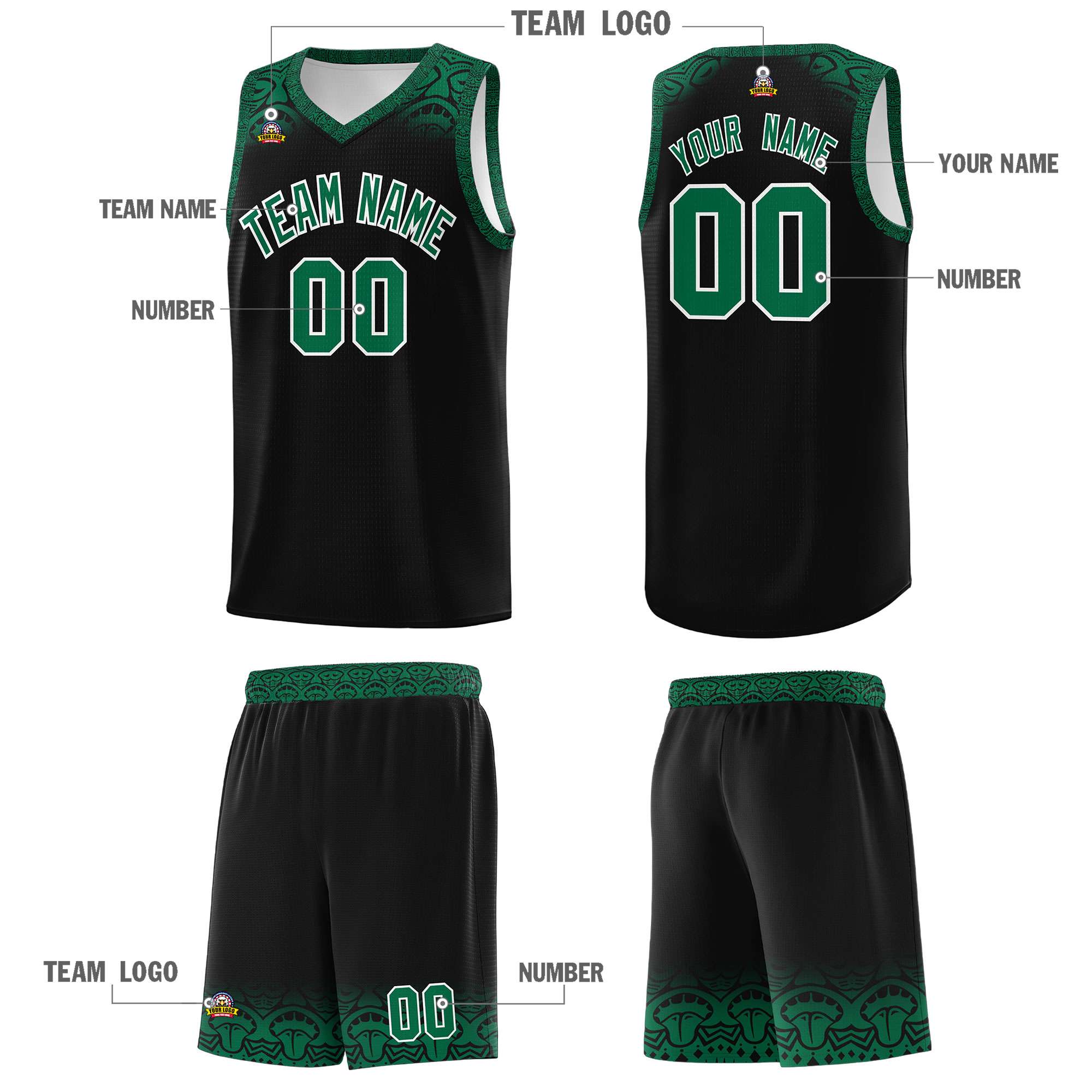 Custom Black Kelly Green Personalized Indians Print Kits Sports Uniform Basketball Jersey|KXKSHOP