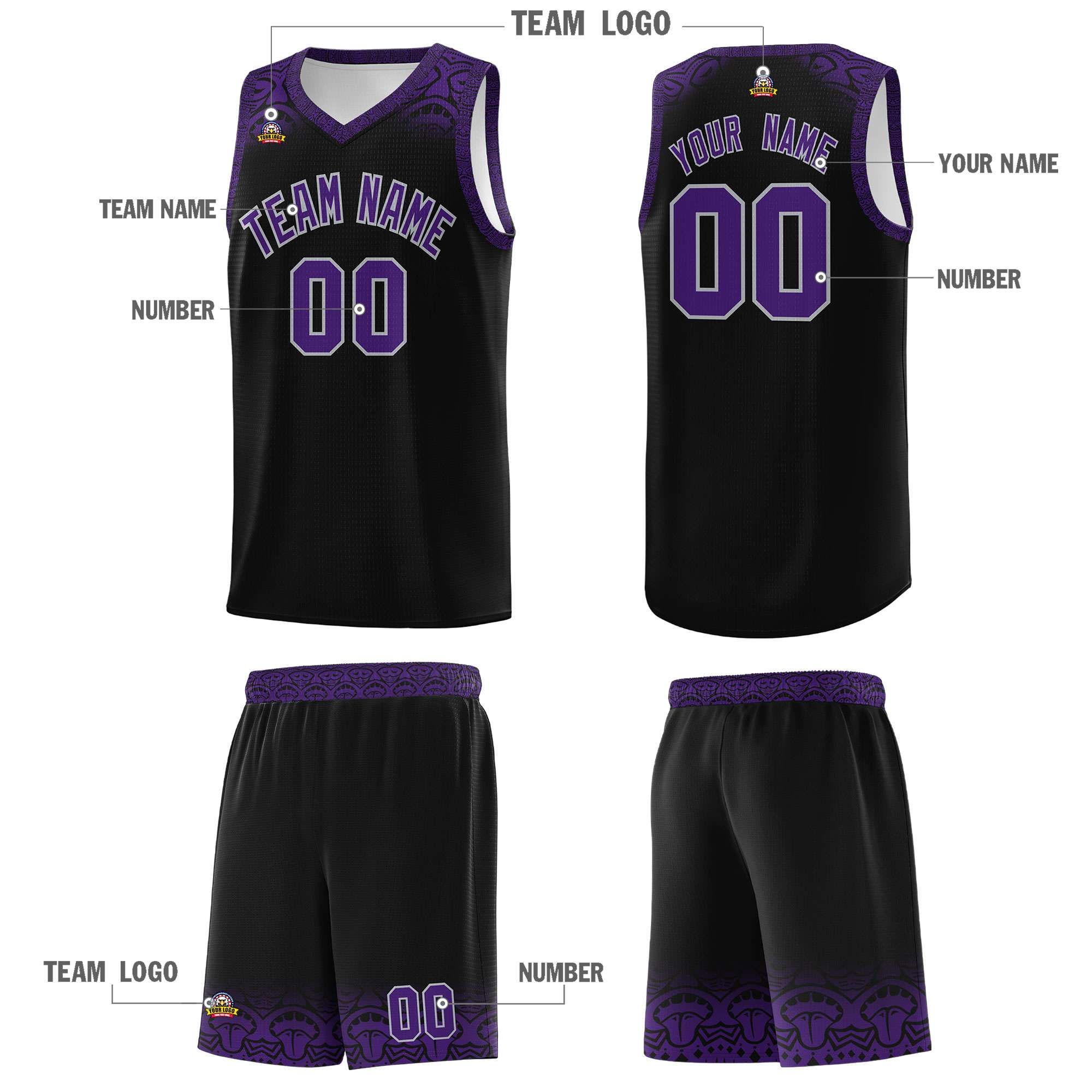 Custom Black Purple Personalized Indians Print Kits Sports Uniform Basketball Jersey|KXKSHOP