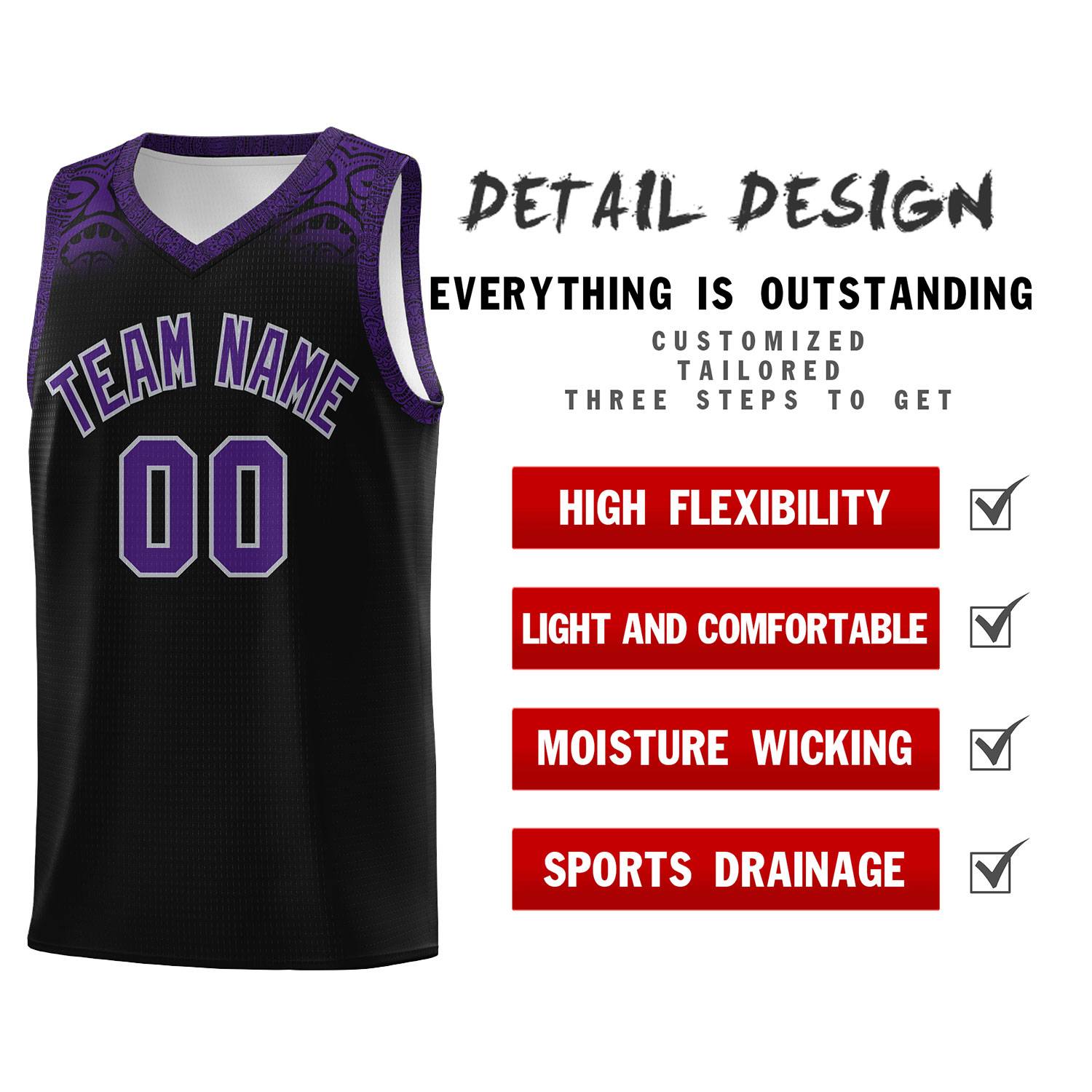 Custom Black Purple Personalized Indians Print Kits Sports Uniform Basketball Jersey|KXKSHOP