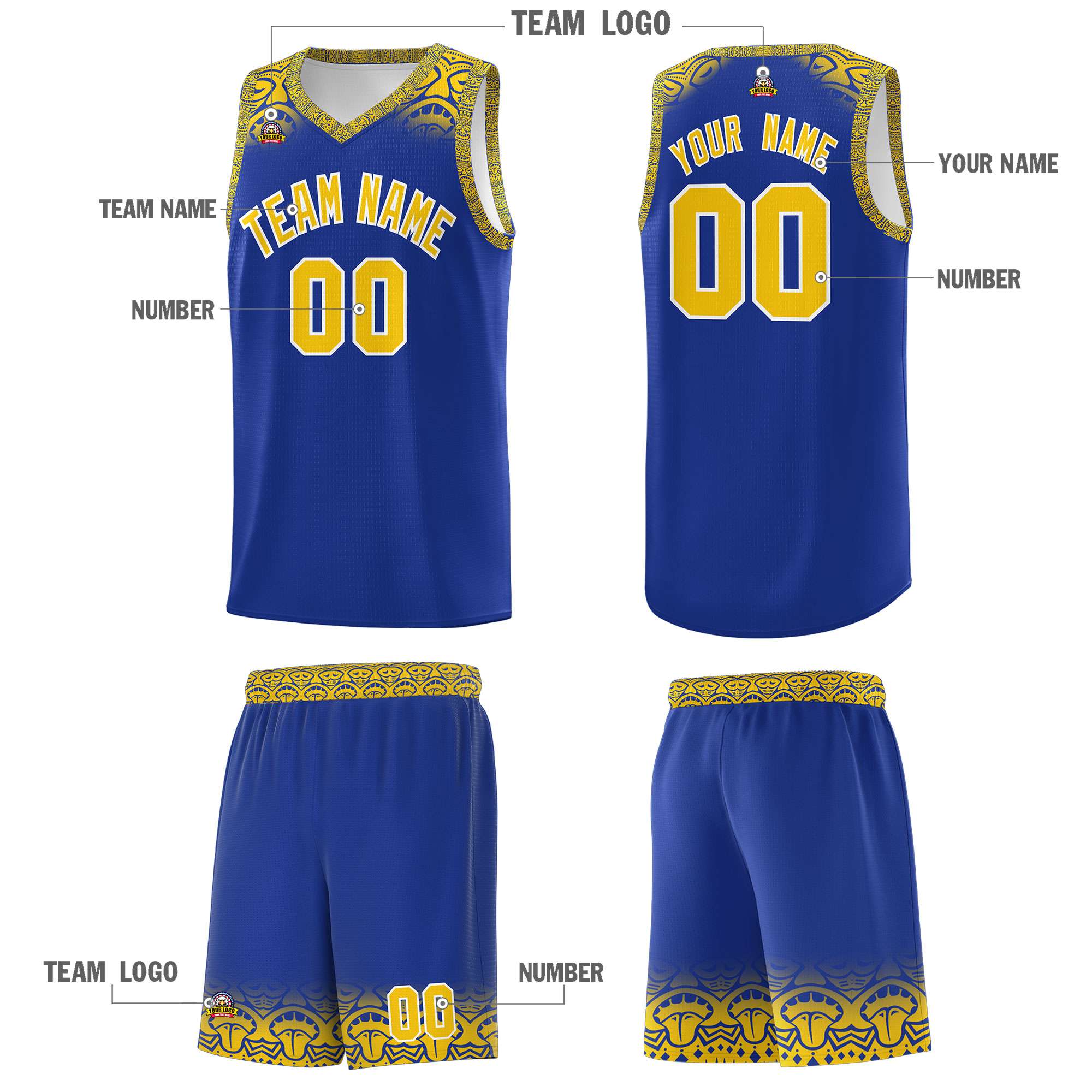 Custom Royal Gold Personalized Indians Print Kits Sports Uniform Basketball Jersey|KXKSHOP