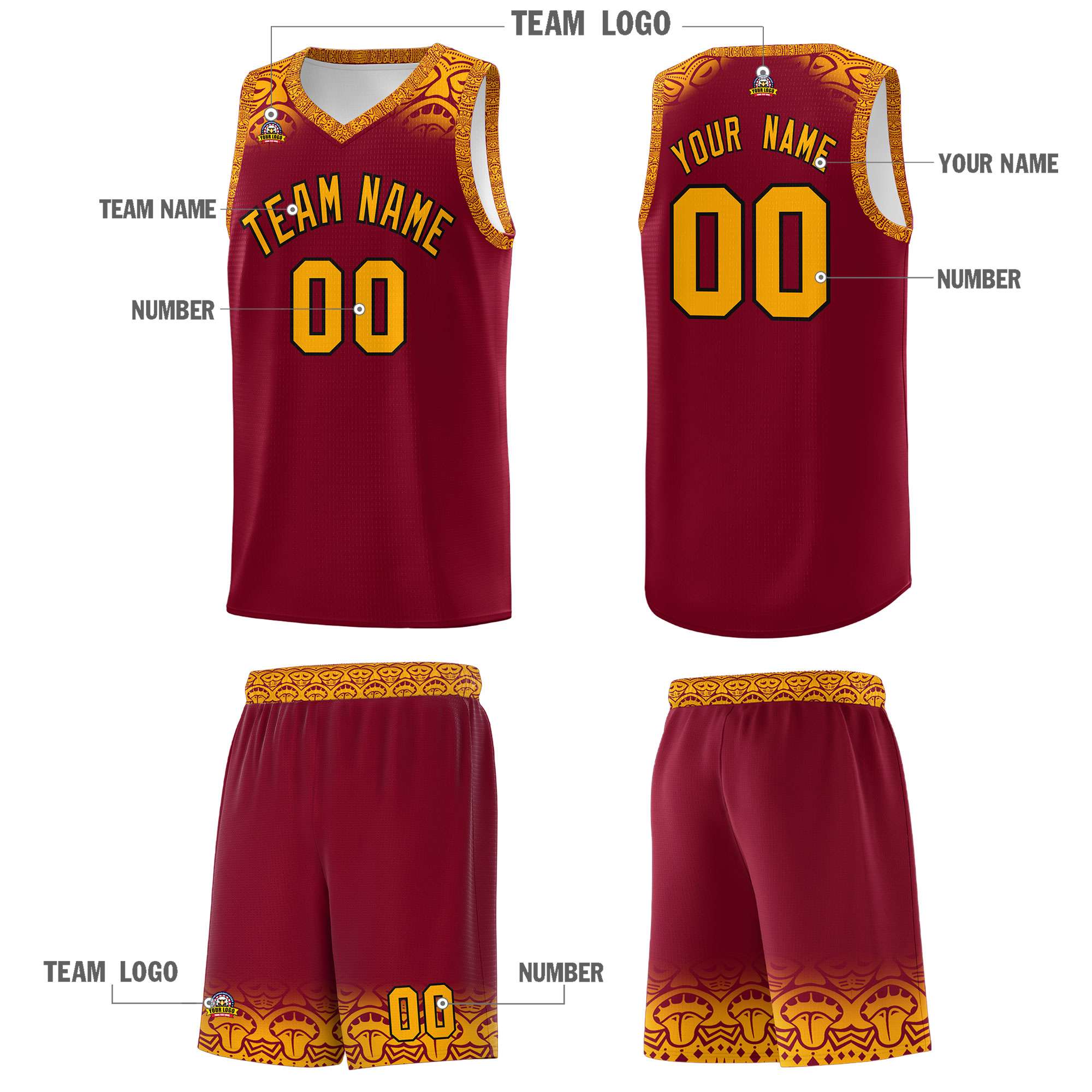 Custom Crimson Yellow Personalized Indians Print Kits Sports Uniform Basketball Jersey|KXKSHOP