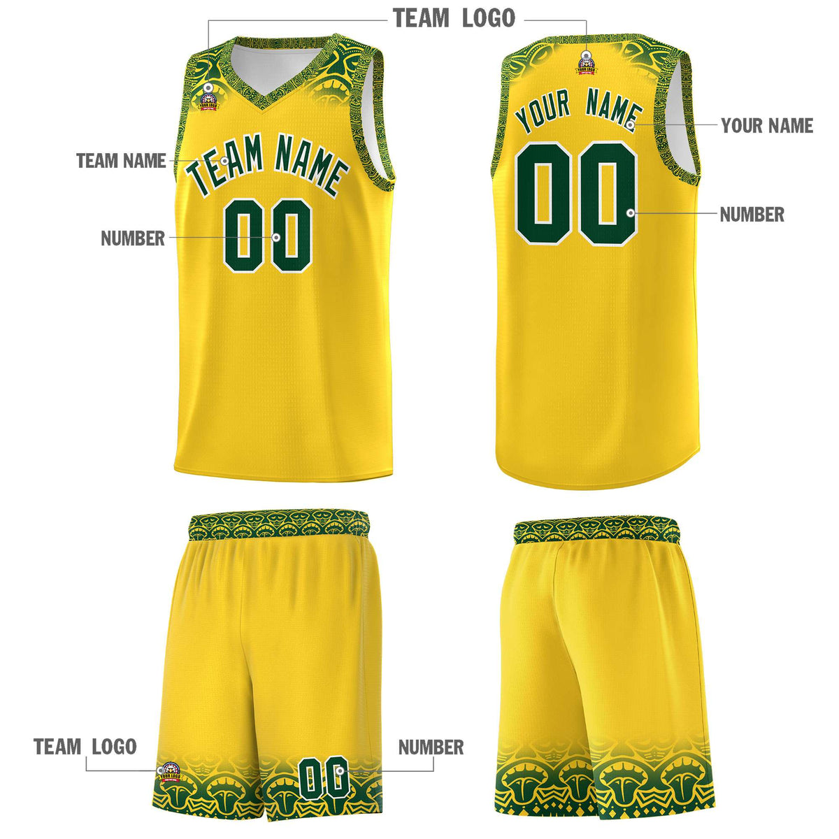 Custom Gold Green Personalized Indians Print Kits Sports Uniform Basketball Jersey|KXKSHOP