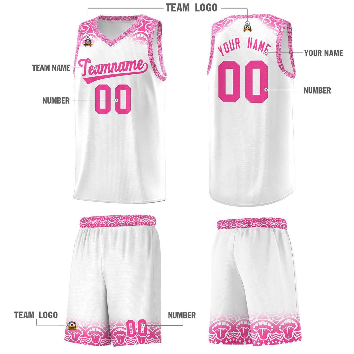 Custom White Pink Personalized Indians Print Kits Sports Uniform Basketball Jersey|KXKSHOP