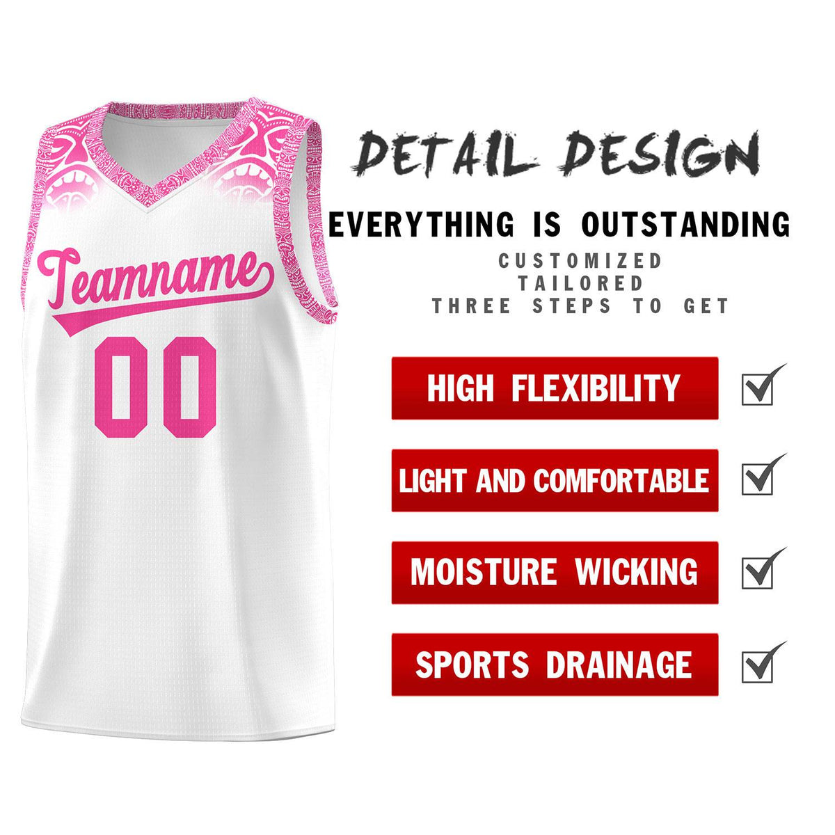 Custom White Pink Personalized Indians Print Kits Sports Uniform Basketball Jersey|KXKSHOP