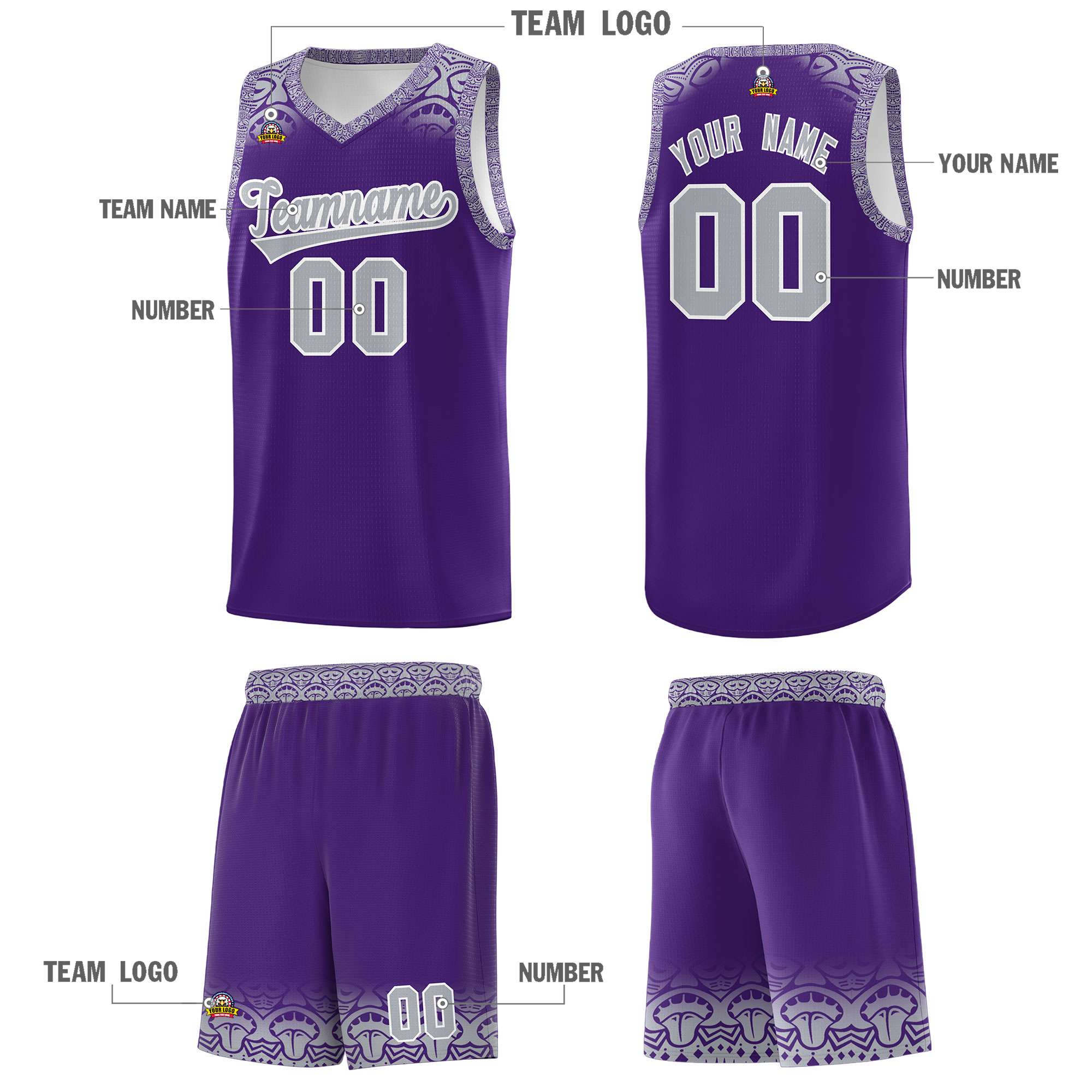 Custom Purple Gray Personalized Indians Print Kits Sports Uniform Basketball Jersey|KXKSHOP