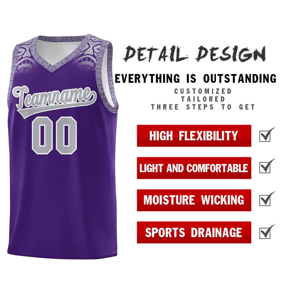 Custom Purple Gray Personalized Indians Print Kits Sports Uniform Basketball Jersey|KXKSHOP