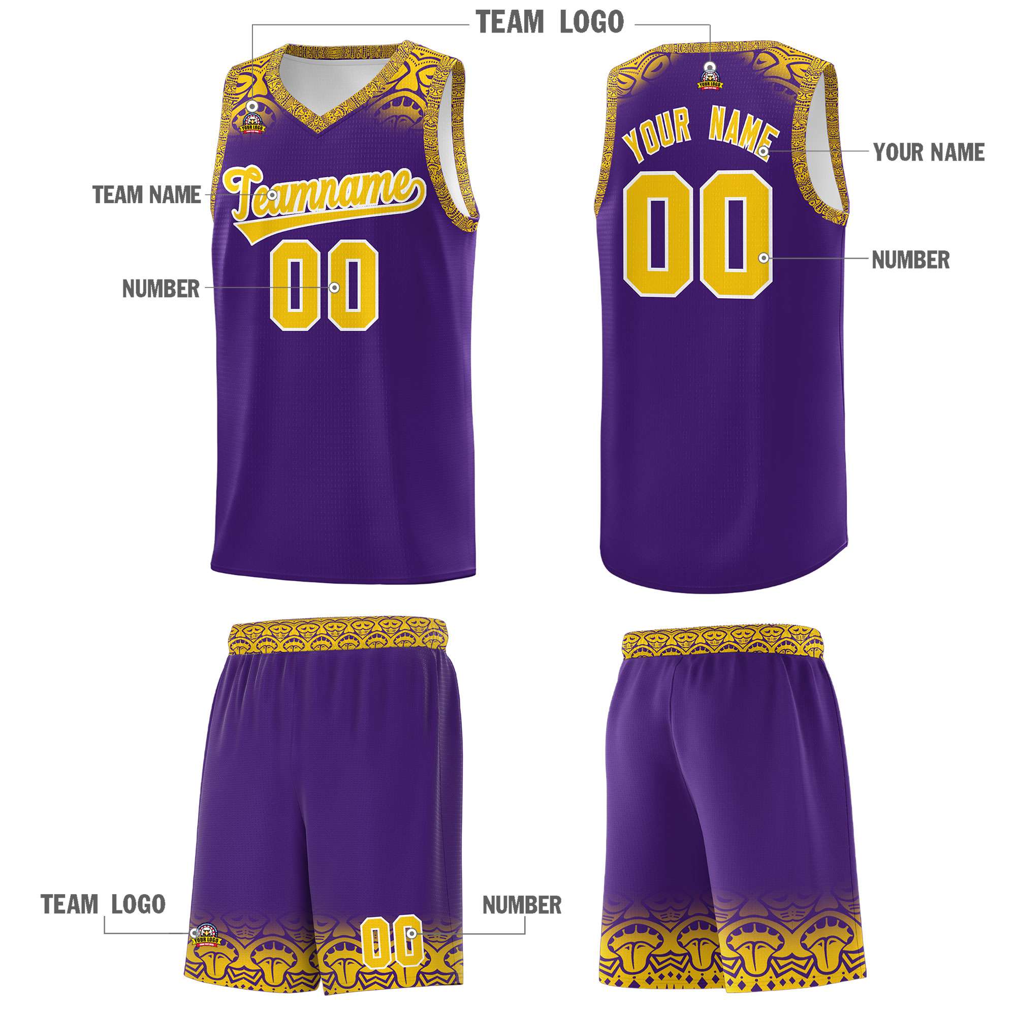 Custom Purple Gold Personalized Indians Print Kits Sports Uniform Basketball Jersey|KXKSHOP