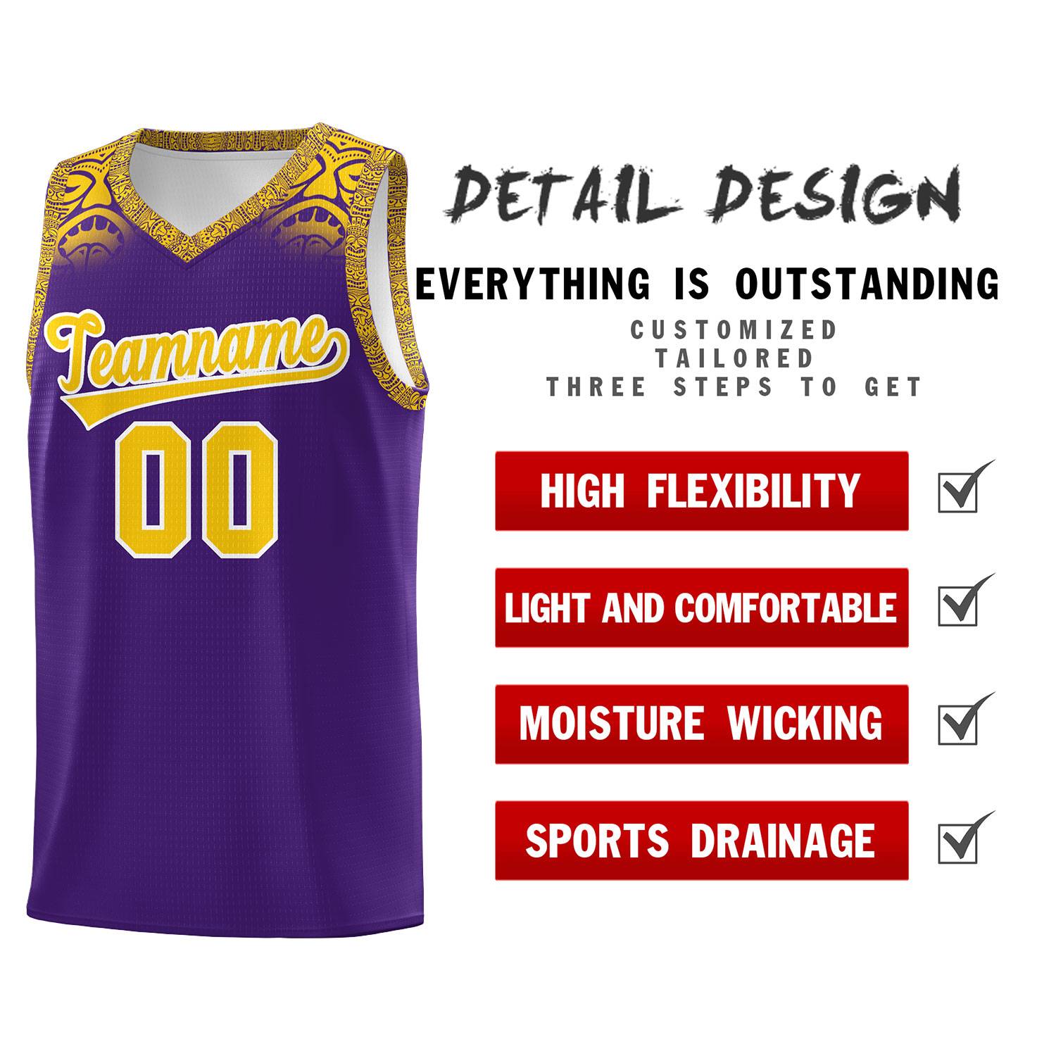 Custom Purple Gold Personalized Indians Print Kits Sports Uniform Basketball Jersey|KXKSHOP