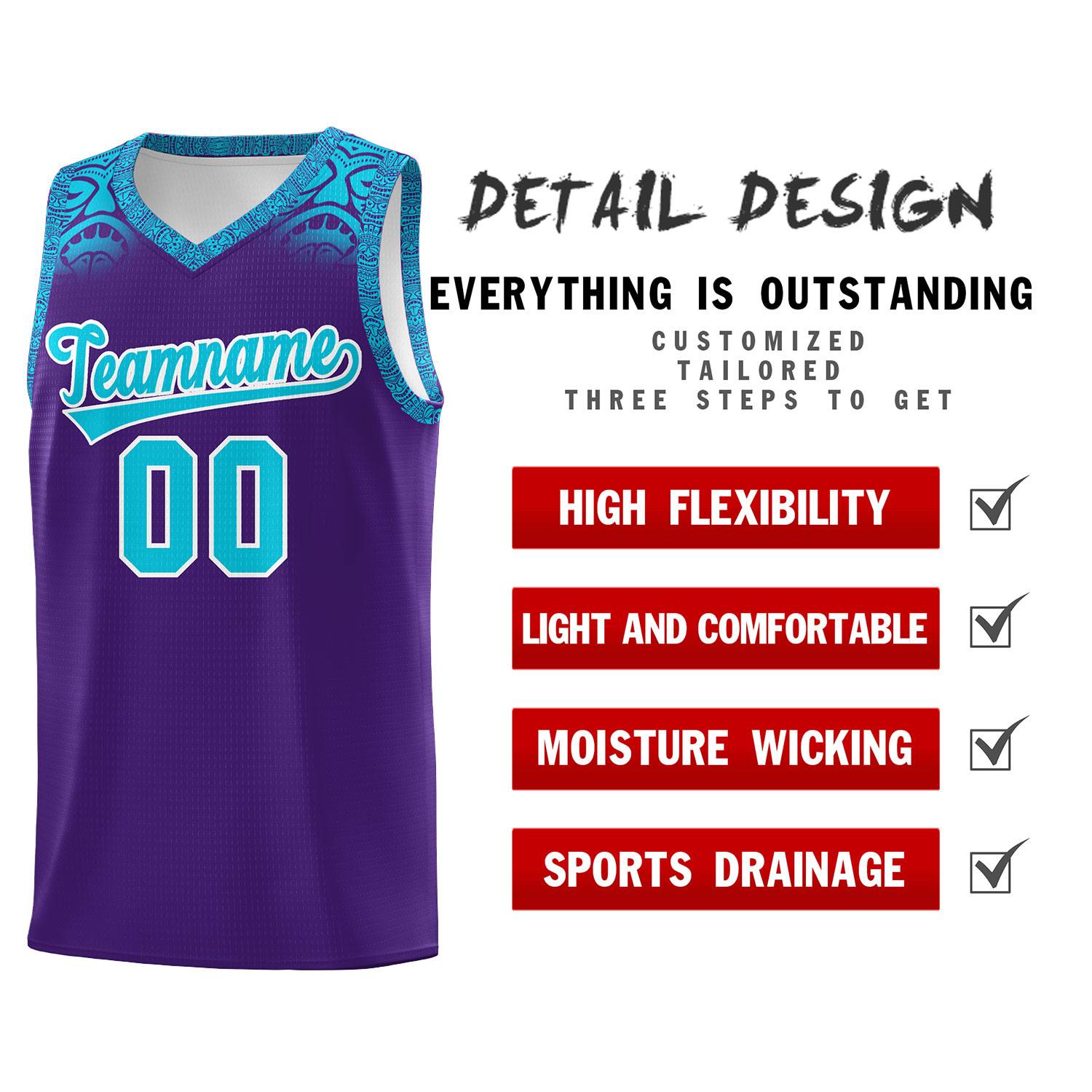 Custom Purple Sky Blue Personalized Indians Print Kits Sports Uniform Basketball Jersey|KXKSHOP