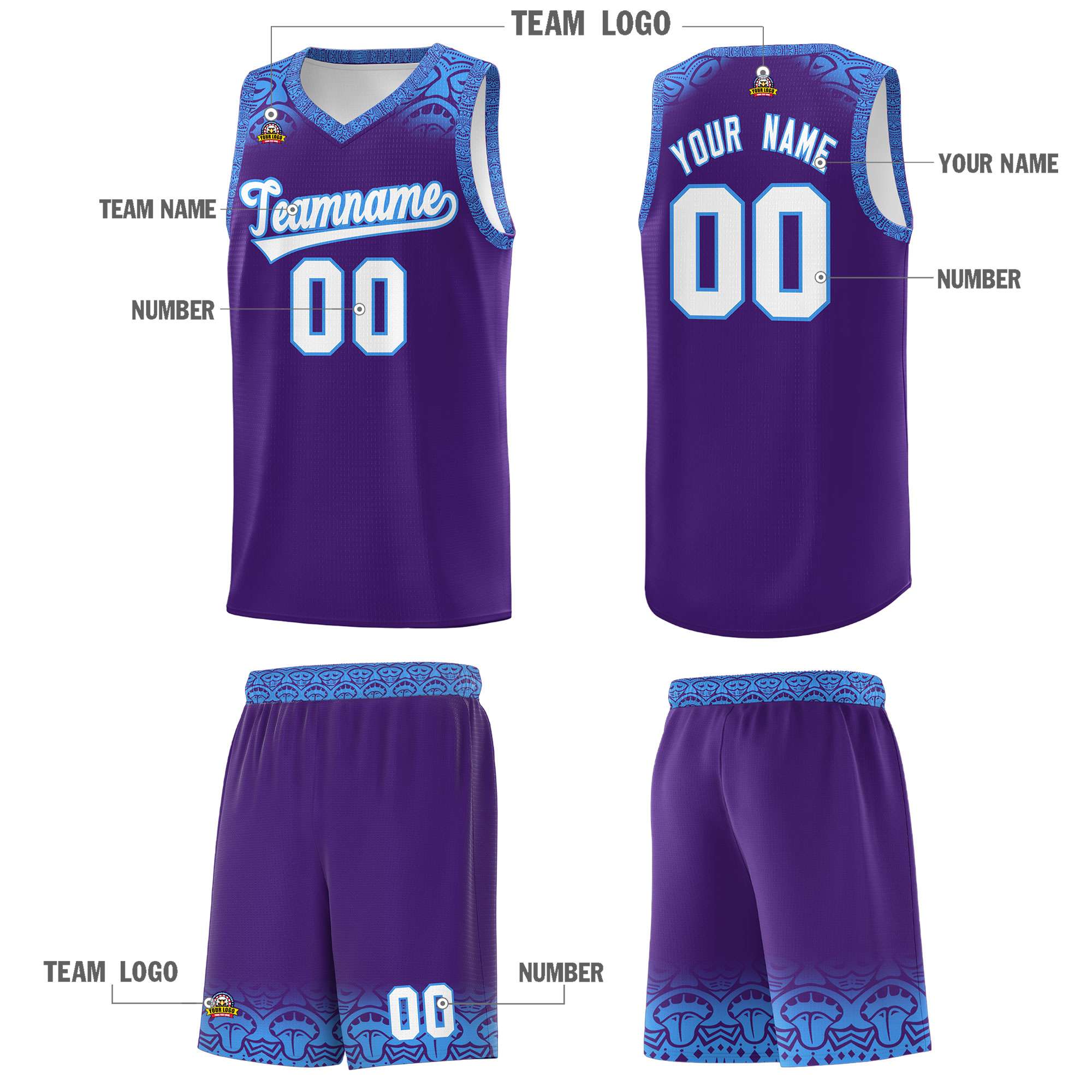Custom Purple Powder Blue Personalized Indians Print Kits Sports Uniform Basketball Jersey|KXKSHOP
