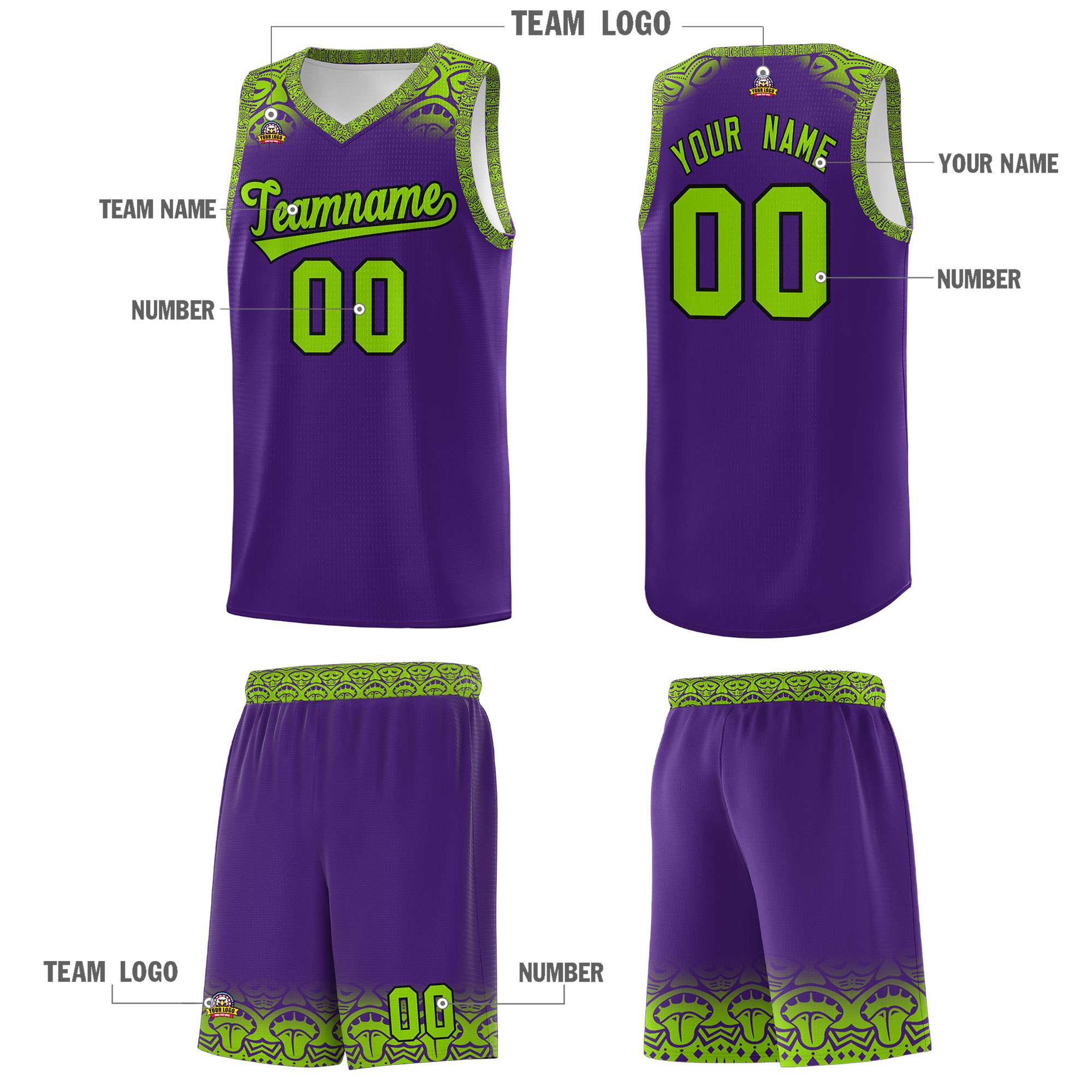 Custom Purple Green Personalized Indians Print Kits Sports Uniform Basketball Jersey|KXKSHOP