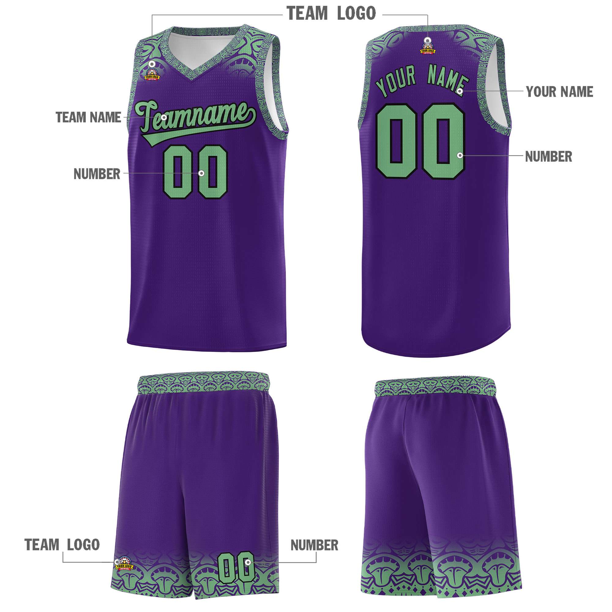 Custom Purple Green Personalized Indians Print Kits Sports Uniform Basketball Jersey|KXKSHOP
