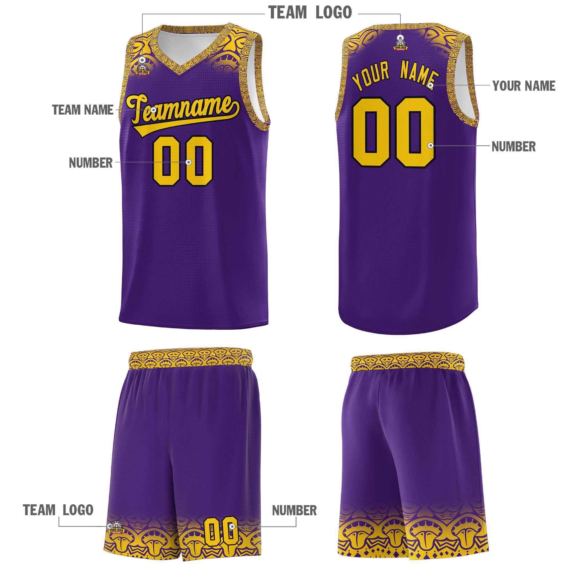 Custom Purple Gold Personalized Indians Print Kits Sports Uniform Basketball Jersey|KXKSHOP