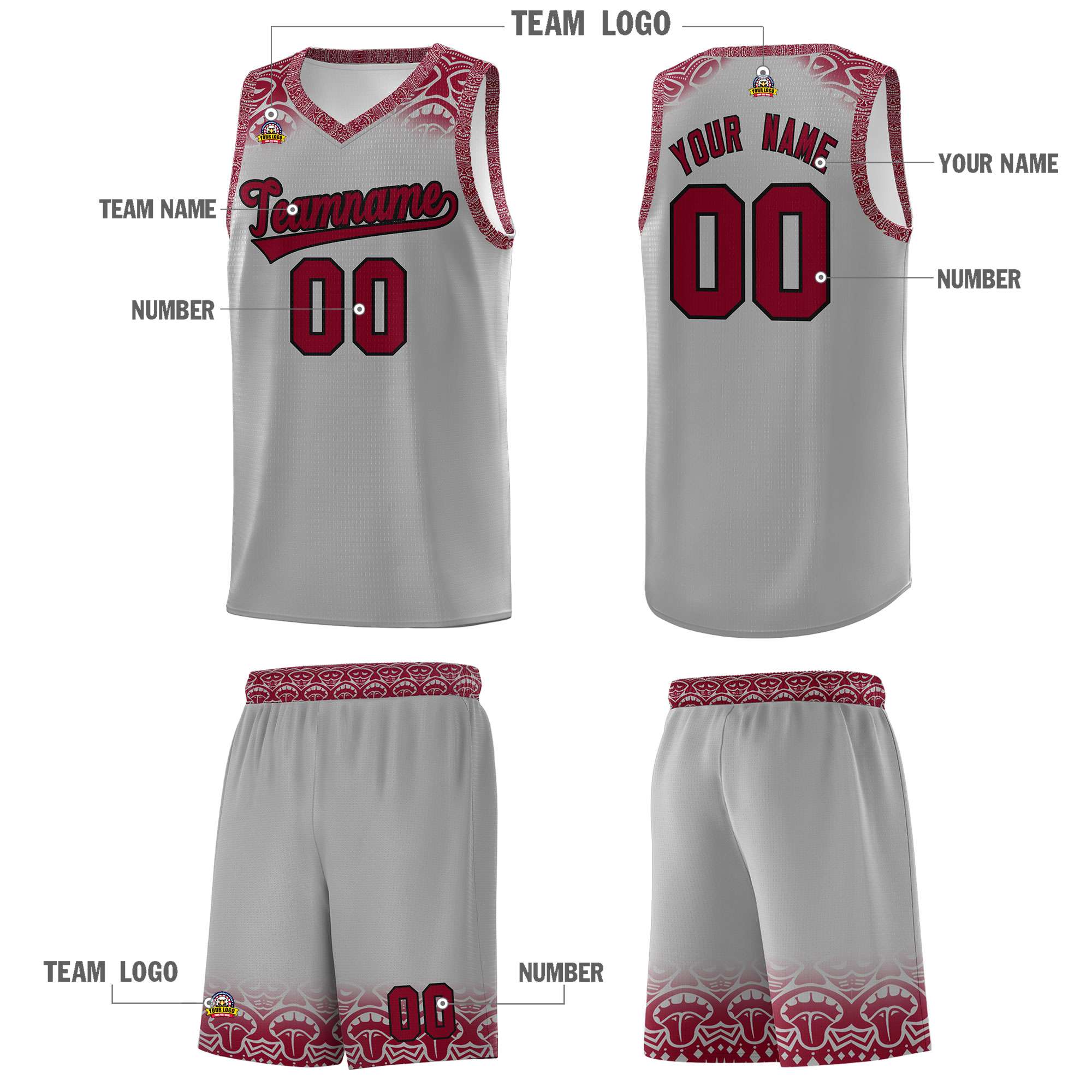 Custom Gray Crimson Personalized Indians Print Kits Sports Uniform Basketball Jersey|KXKSHOP