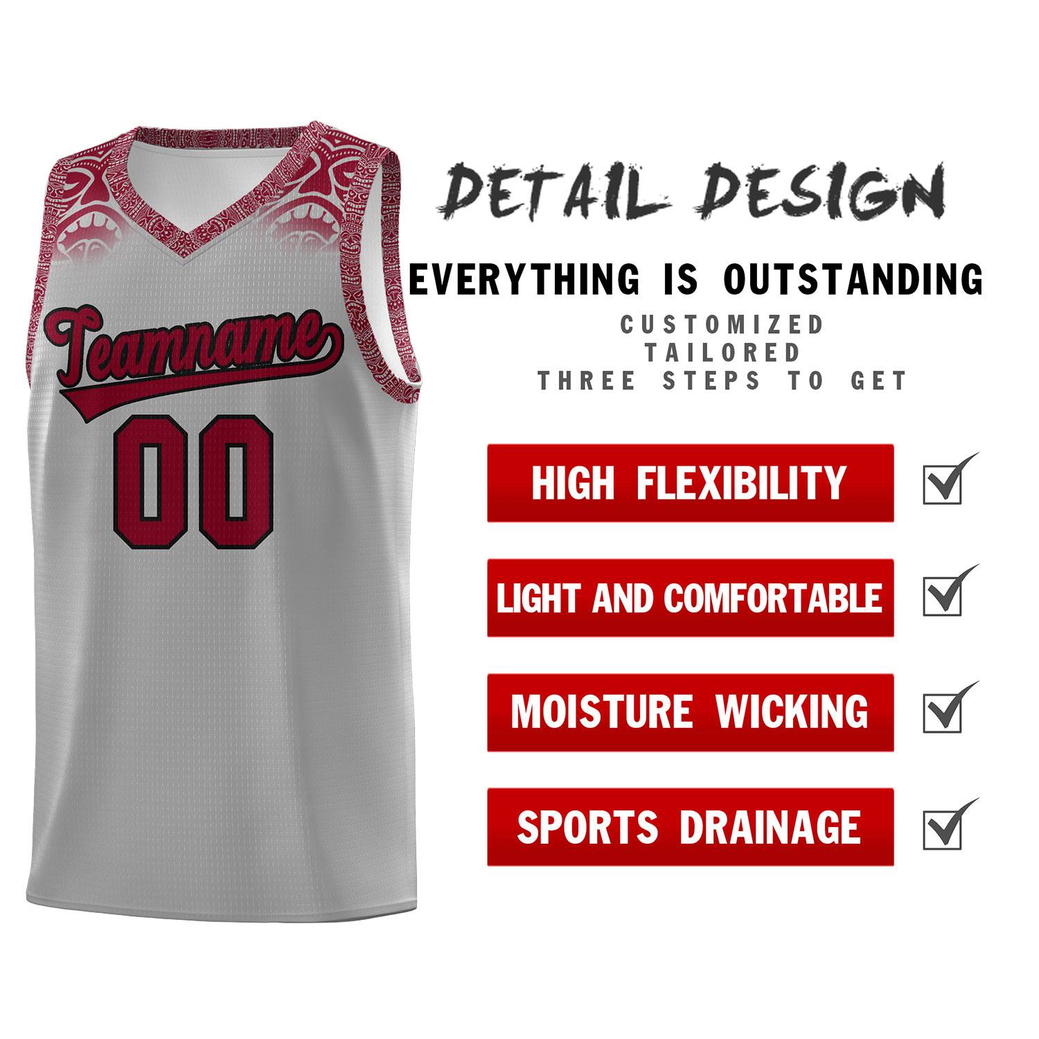Custom Gray Crimson Personalized Indians Print Kits Sports Uniform Basketball Jersey|KXKSHOP