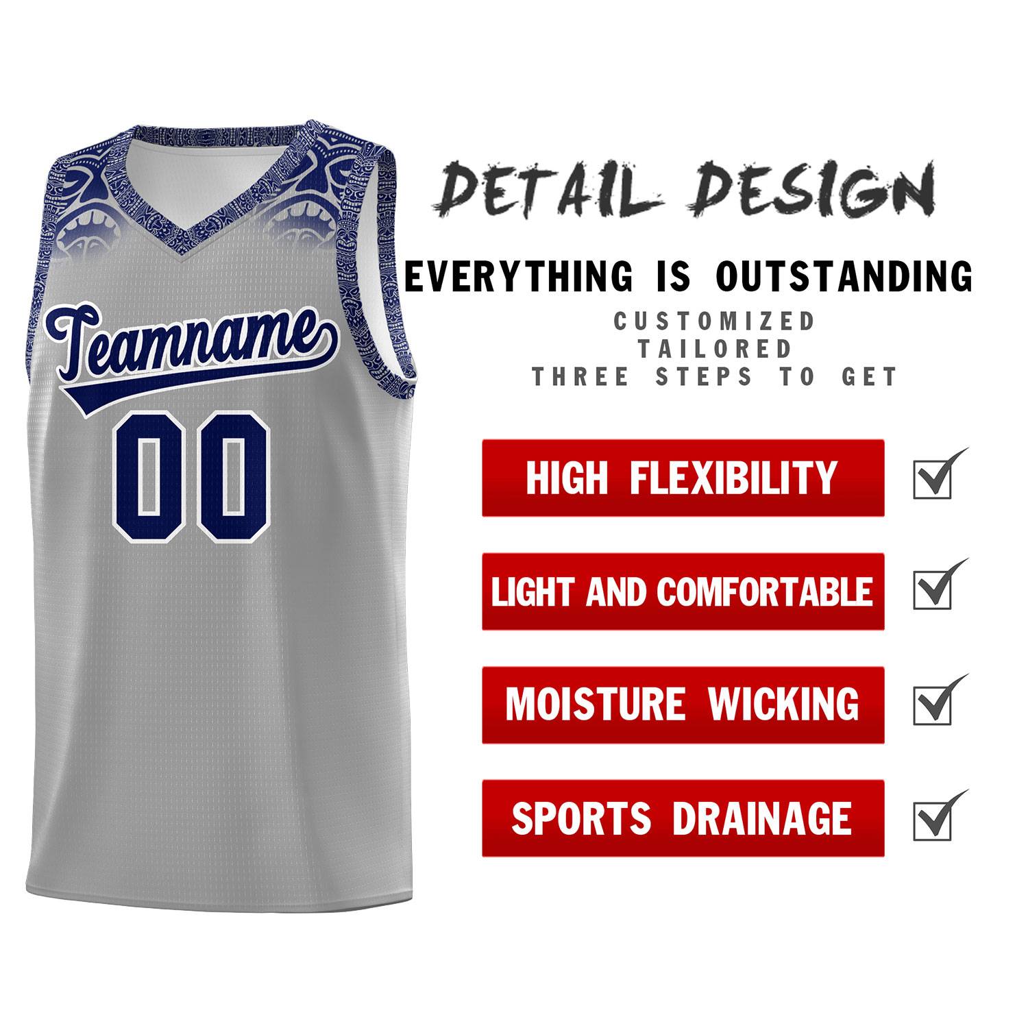 Custom Gray Royal Personalized Indians Print Kits Sports Uniform Basketball Jersey|KXKSHOP