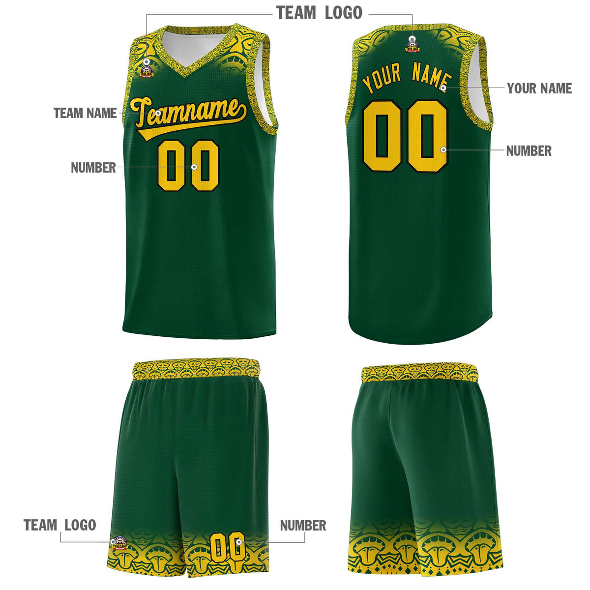 Custom Green Gold Personalized Indians Print Kits Sports Uniform Basketball Jersey|KXKSHOP