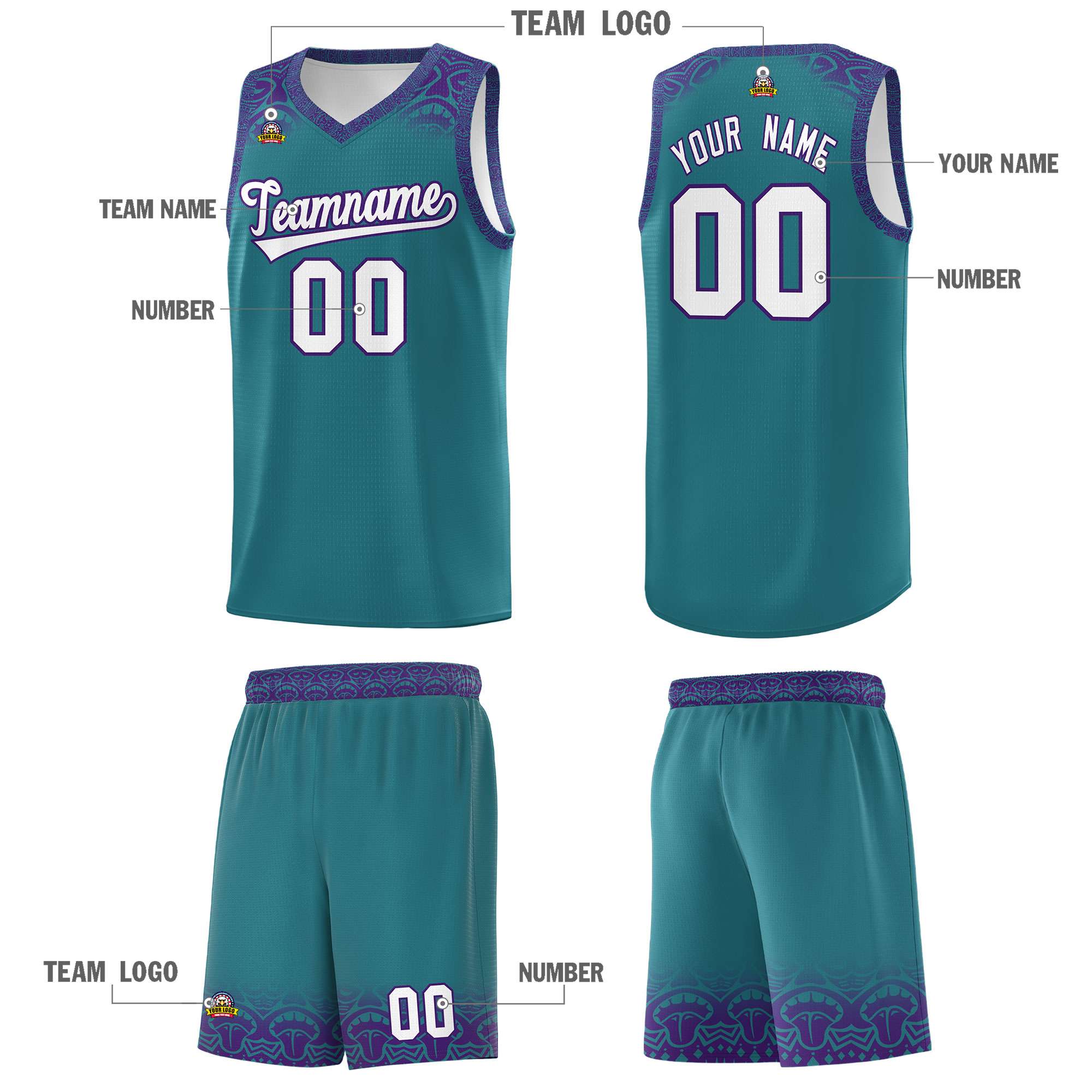 Custom Aqua Purple Personalized Indians Print Kits Sports Uniform Basketball Jersey|KXKSHOP