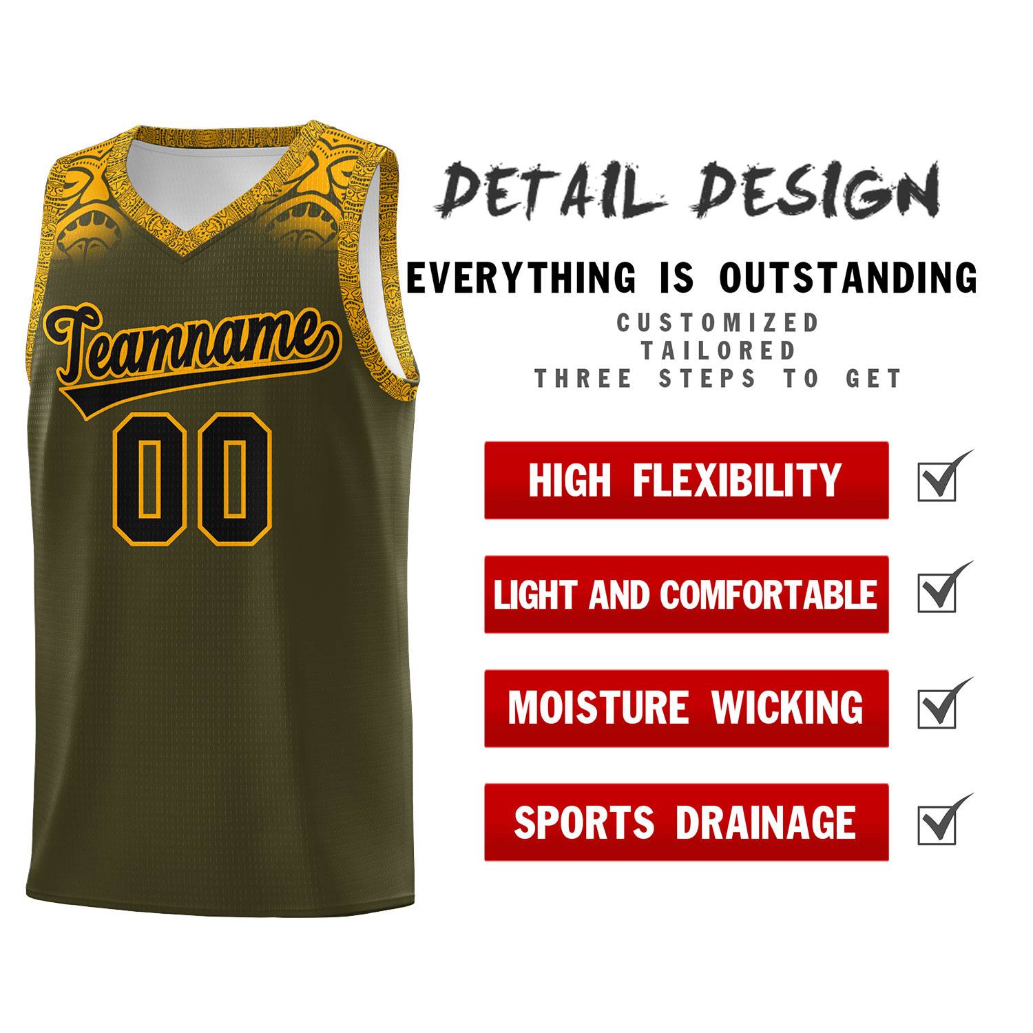 Custom Olive Yellow Personalized Indians Print Kits Sports Uniform Basketball Jersey|KXKSHOP