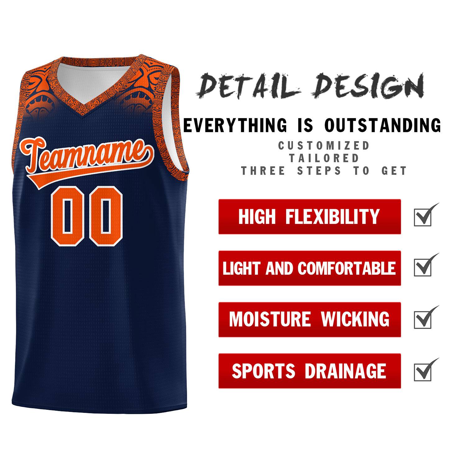 Custom Navy Orange Personalized Indians Print Kits Sports Uniform Basketball Jersey|KXKSHOP