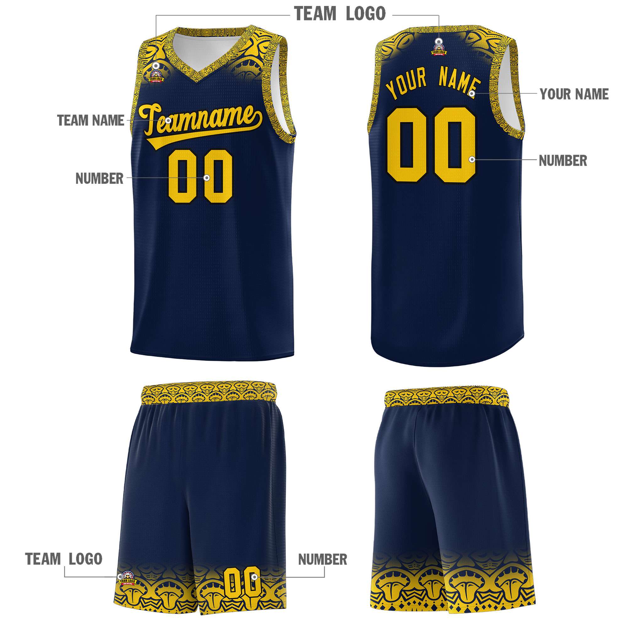 Custom Navy Gold Personalized Indians Print Kits Sports Uniform Basketball Jersey|KXKSHOP