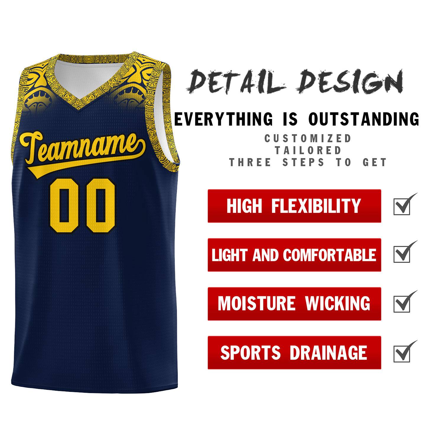 Custom Navy Gold Personalized Indians Print Kits Sports Uniform Basketball Jersey|KXKSHOP