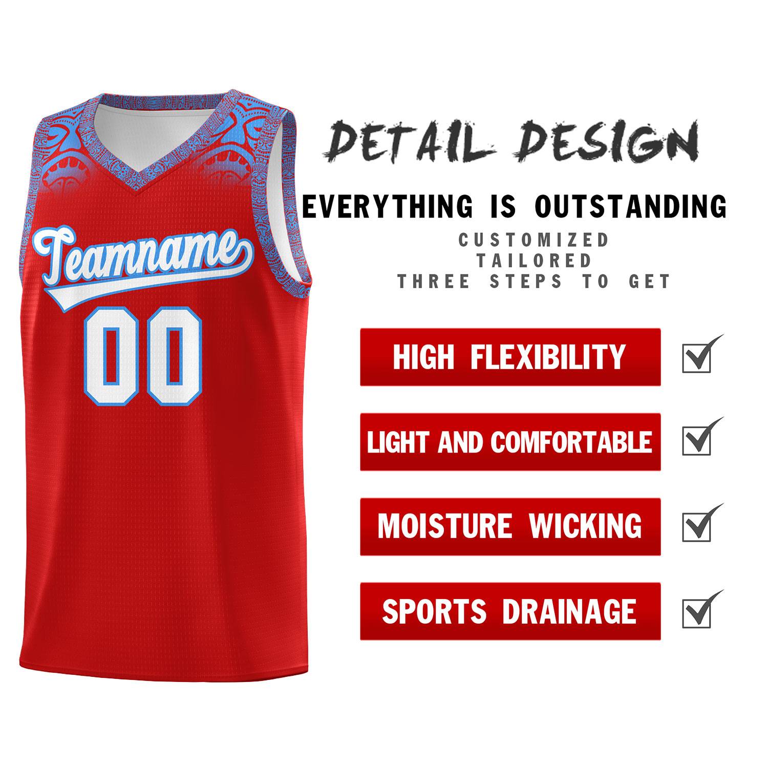 Custom Red Powder Blue Personalized Indians Print Kits Sports Uniform Basketball Jersey|KXKSHOP