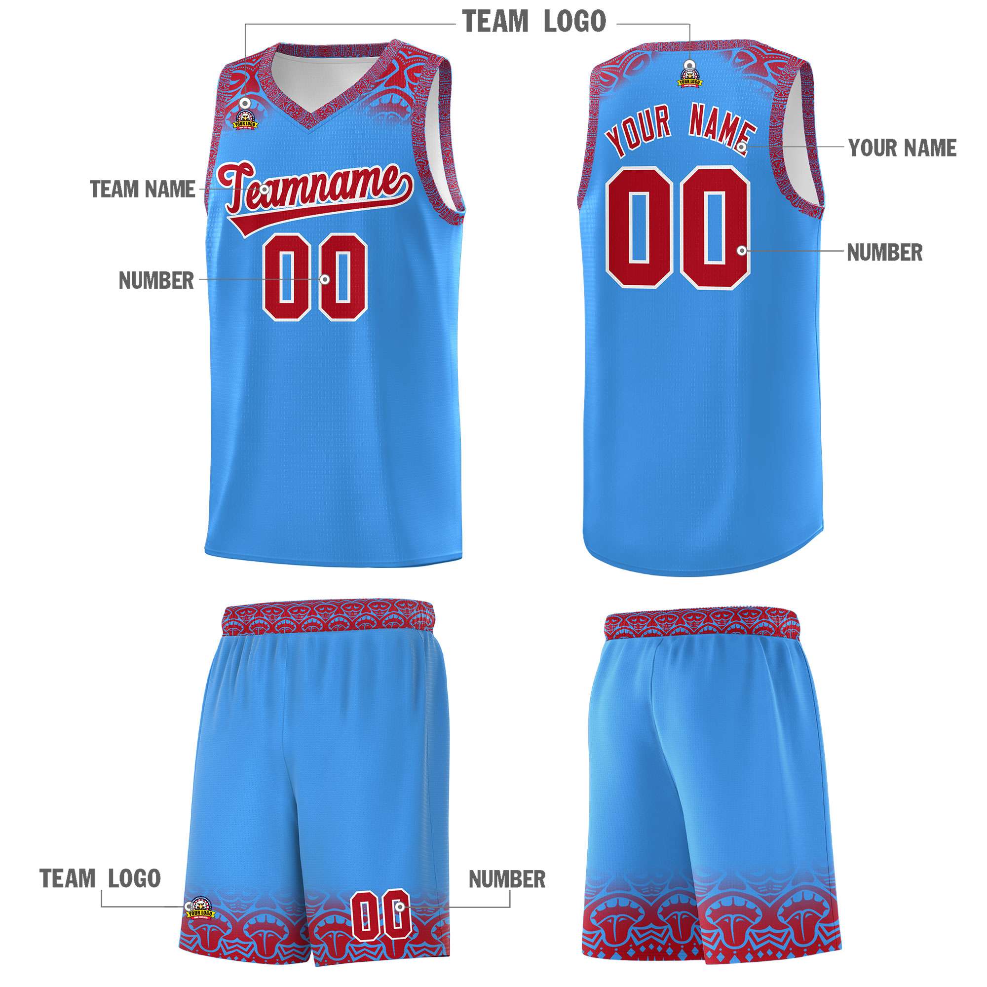 Custom Powder Blue Red Personalized Indians Print Kits Sports Uniform Basketball Jersey|KXKSHOP