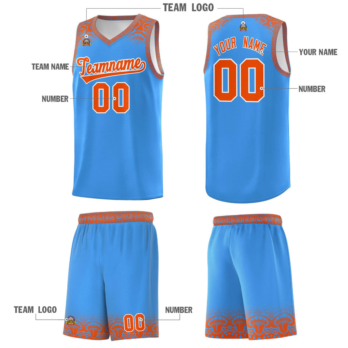 Custom Powder Blue Orange Personalized Indians Print Kits Sports Uniform Basketball Jersey|KXKSHOP