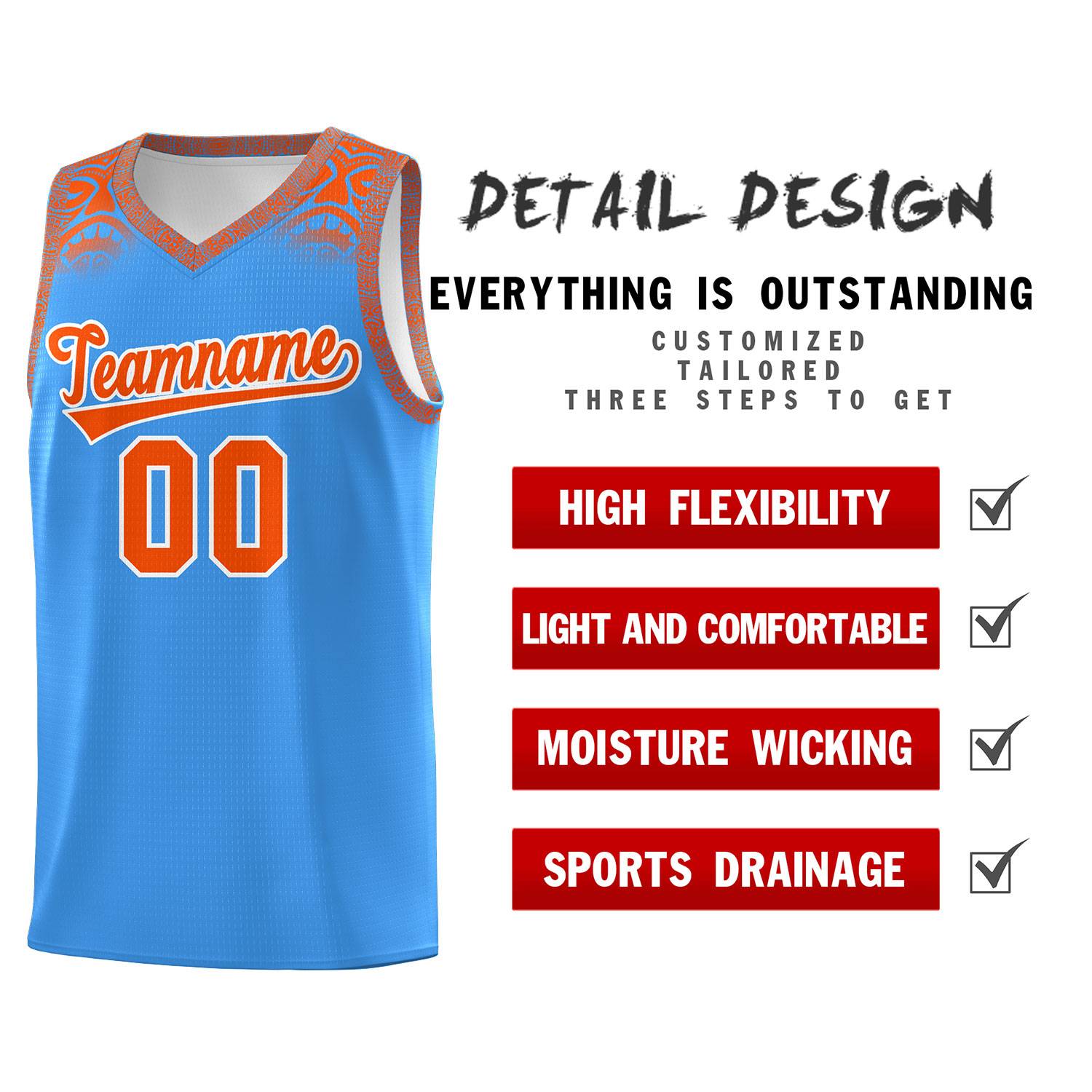 Custom Powder Blue Orange Personalized Indians Print Kits Sports Uniform Basketball Jersey|KXKSHOP
