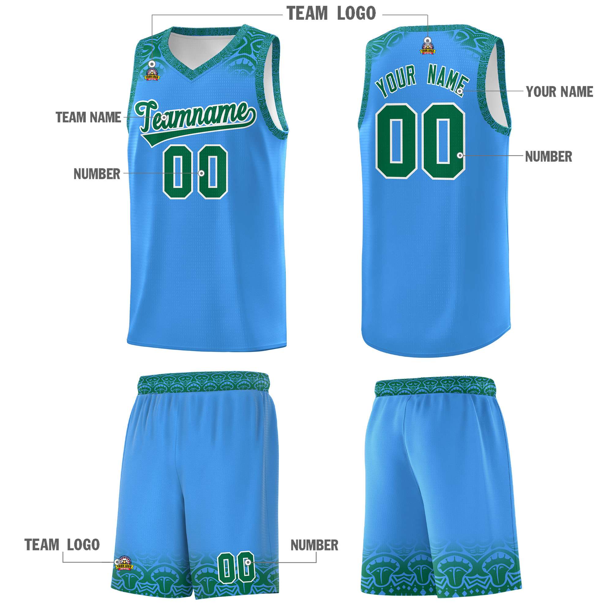 Custom Powder Blue Kelly Green Personalized Indians Print Kits Sports Uniform Basketball Jersey|KXKSHOP