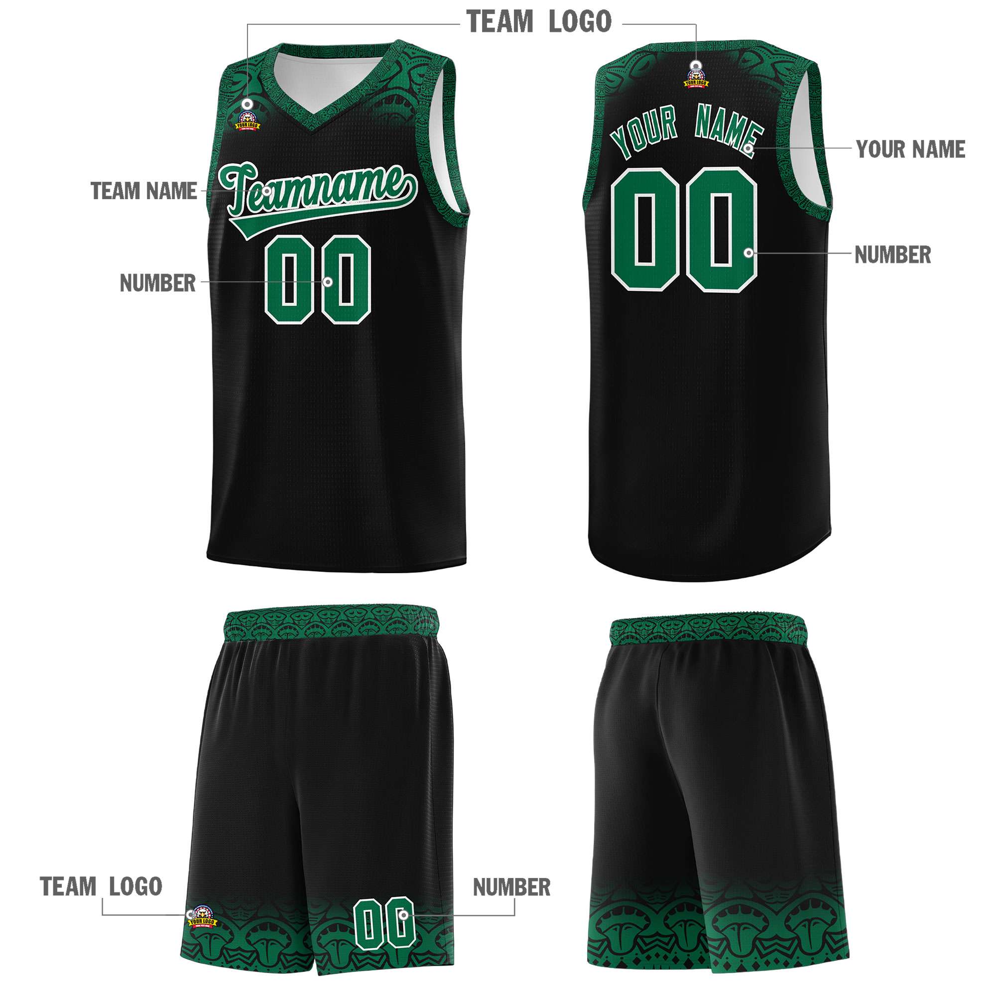 Custom Black Kelly Green Personalized Indians Print Kits Sports Uniform Basketball Jersey|KXKSHOP