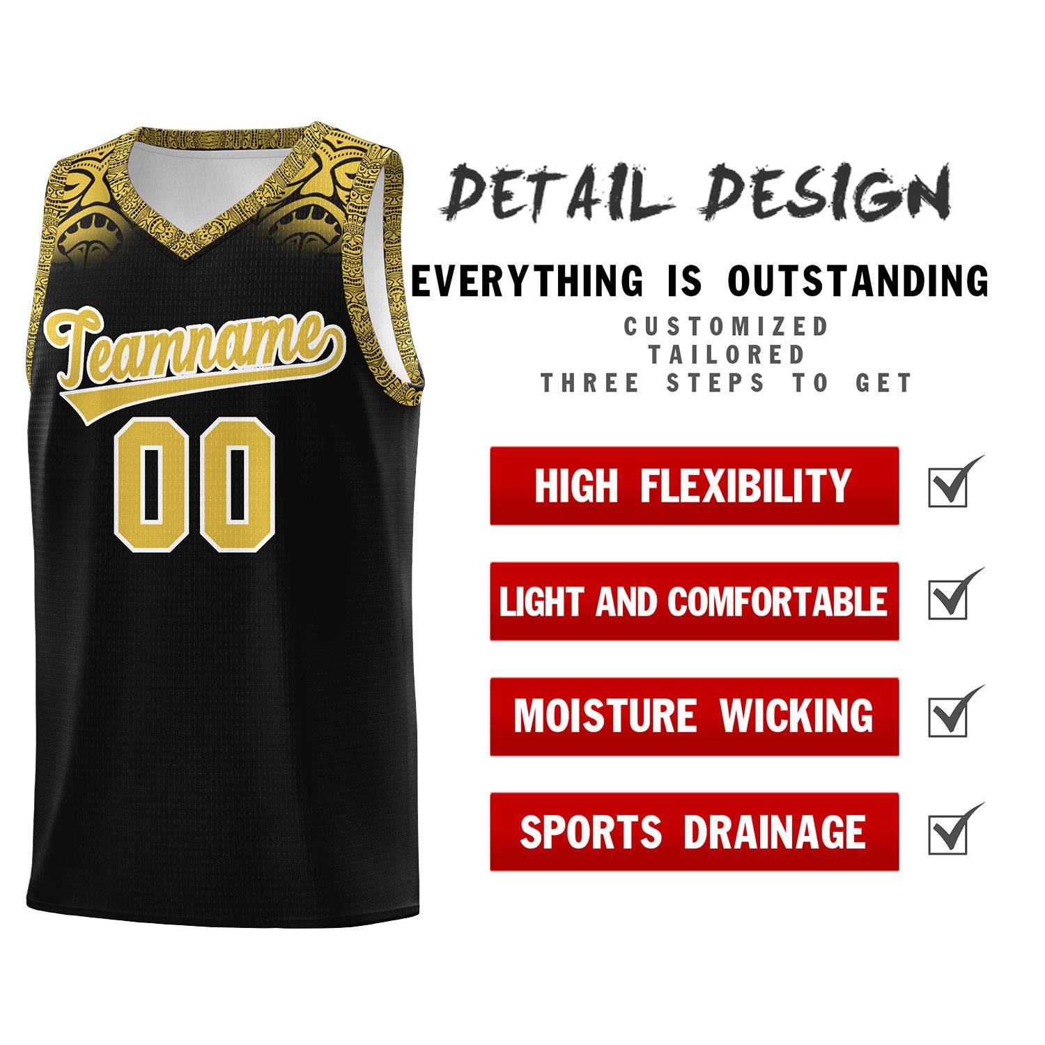 Custom Black Yellow Personalized Indians Print Kits Sports Uniform Basketball Jersey|KXKSHOP