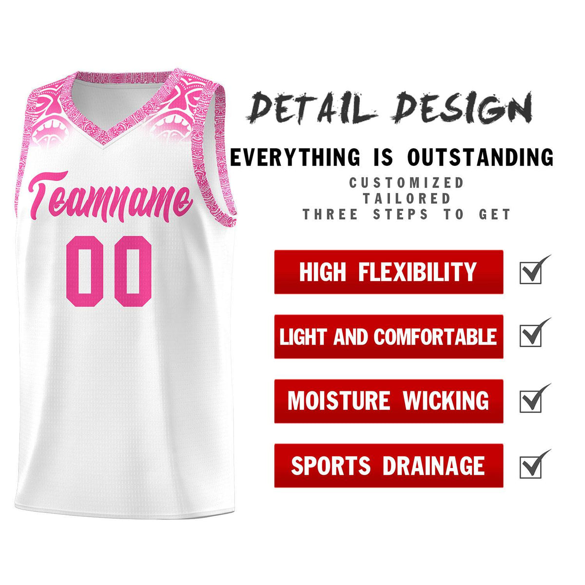 Custom White Pink Personalized Indians Print Kits Sports Uniform Basketball Jersey|KXKSHOP