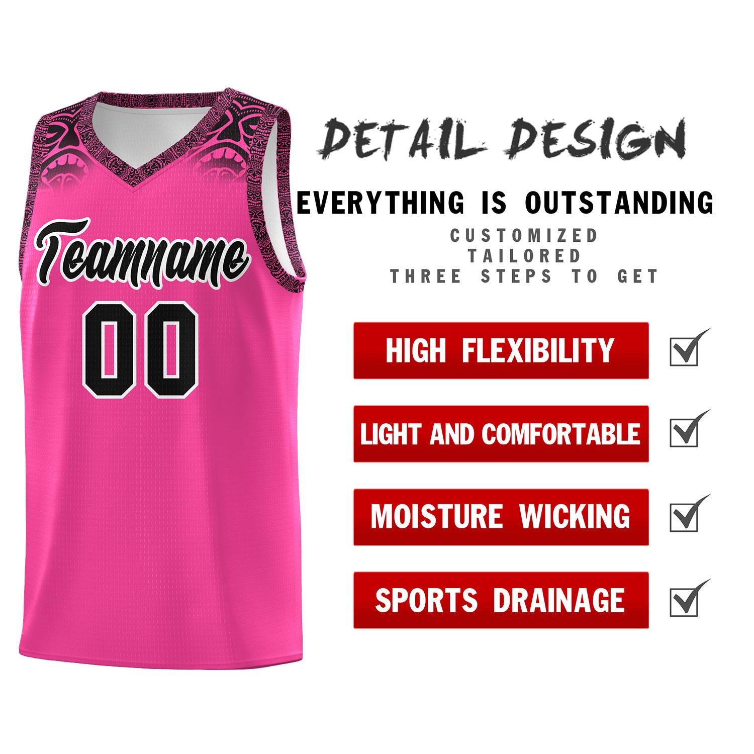 Custom Pink Black Personalized Indians Print Kits Sports Uniform Basketball Jersey|KXKSHOP