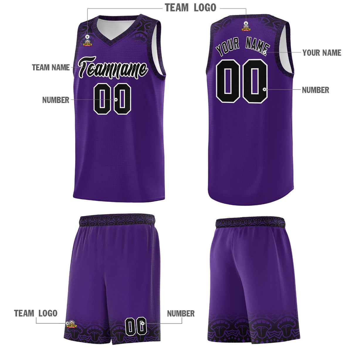 Custom Purple Black Personalized Indians Print Kits Sports Uniform Basketball Jersey|KXKSHOP