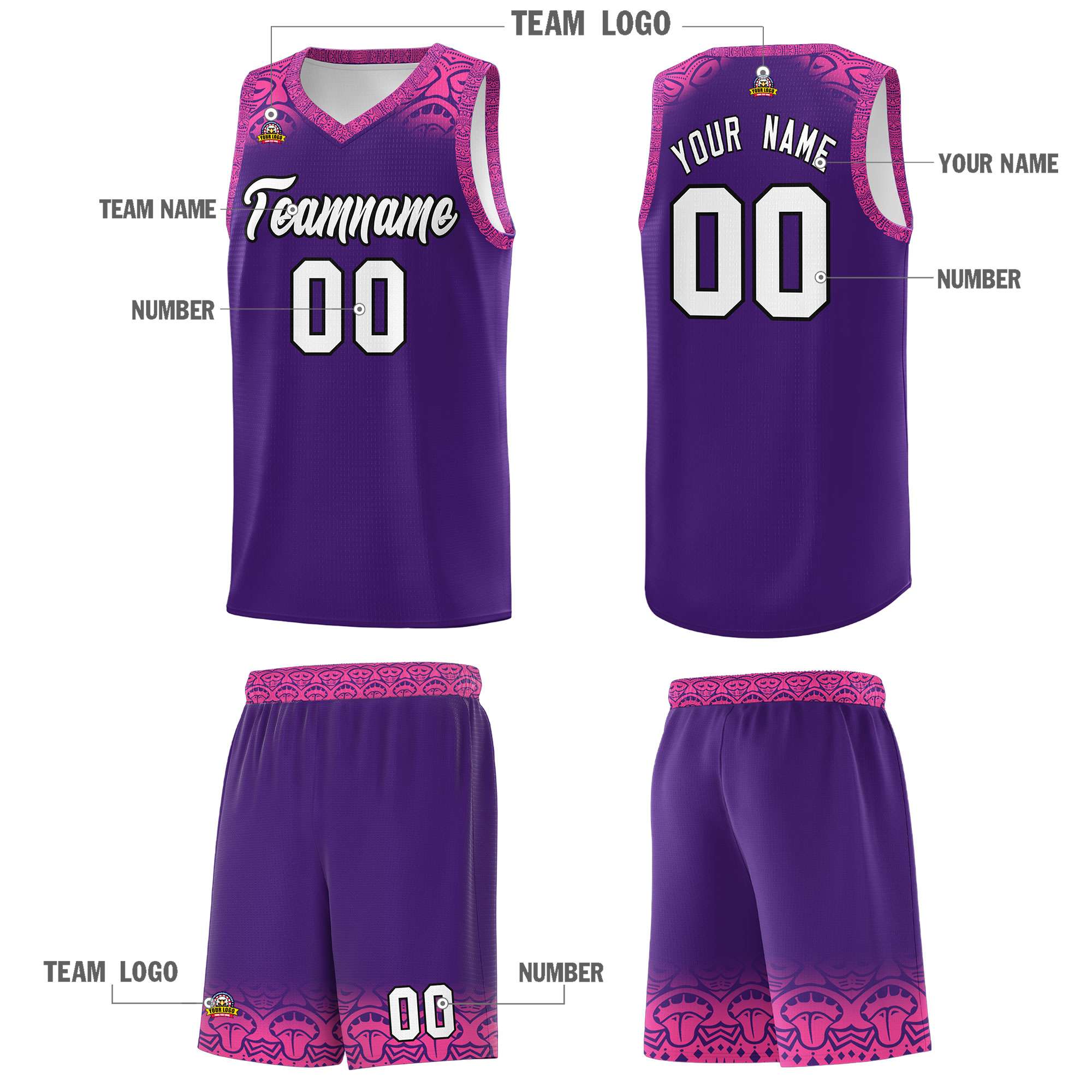Custom Purple Pink Personalized Indians Print Kits Sports Uniform Basketball Jersey|KXKSHOP