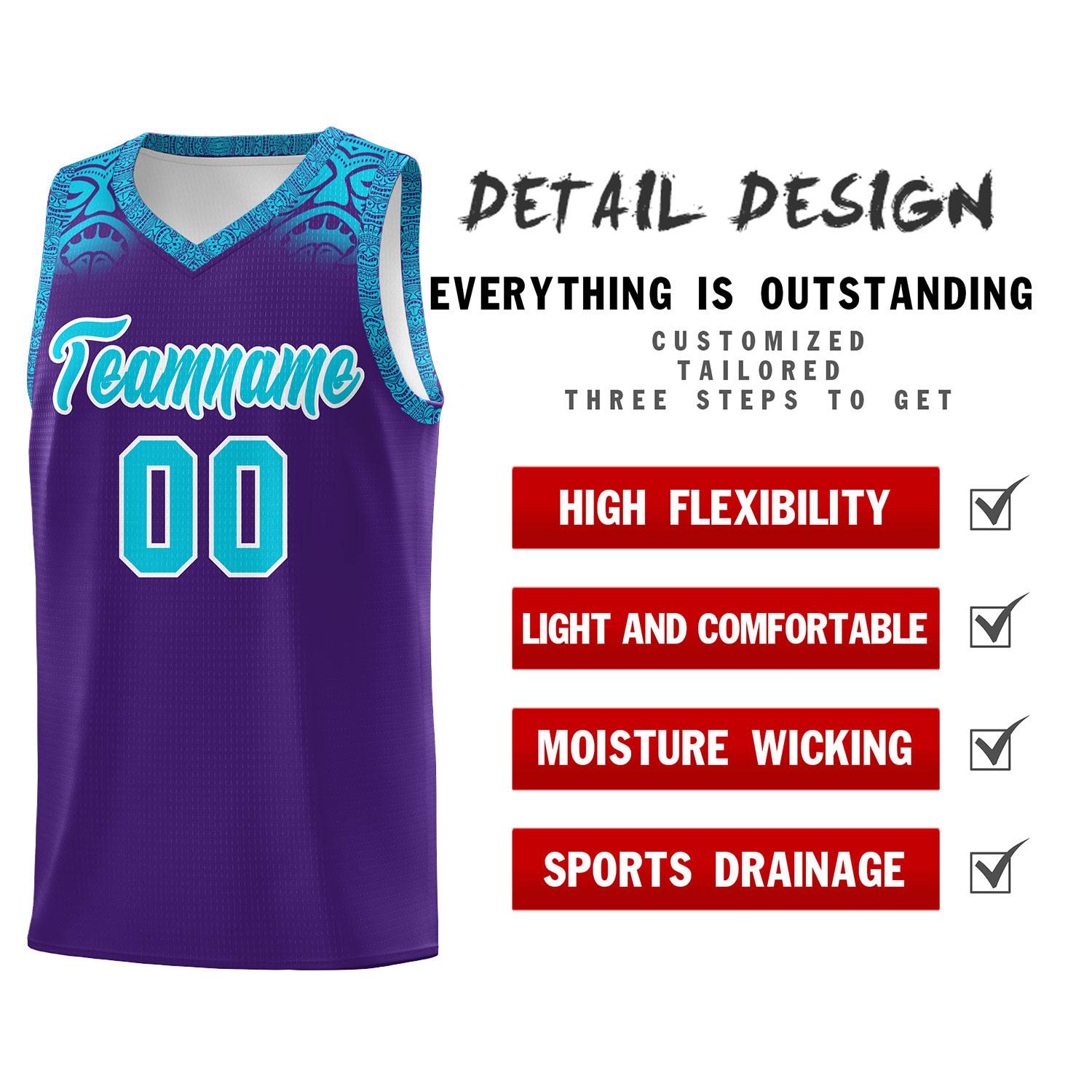 Custom Purple Sky Blue Personalized Indians Print Kits Sports Uniform Basketball Jersey|KXKSHOP