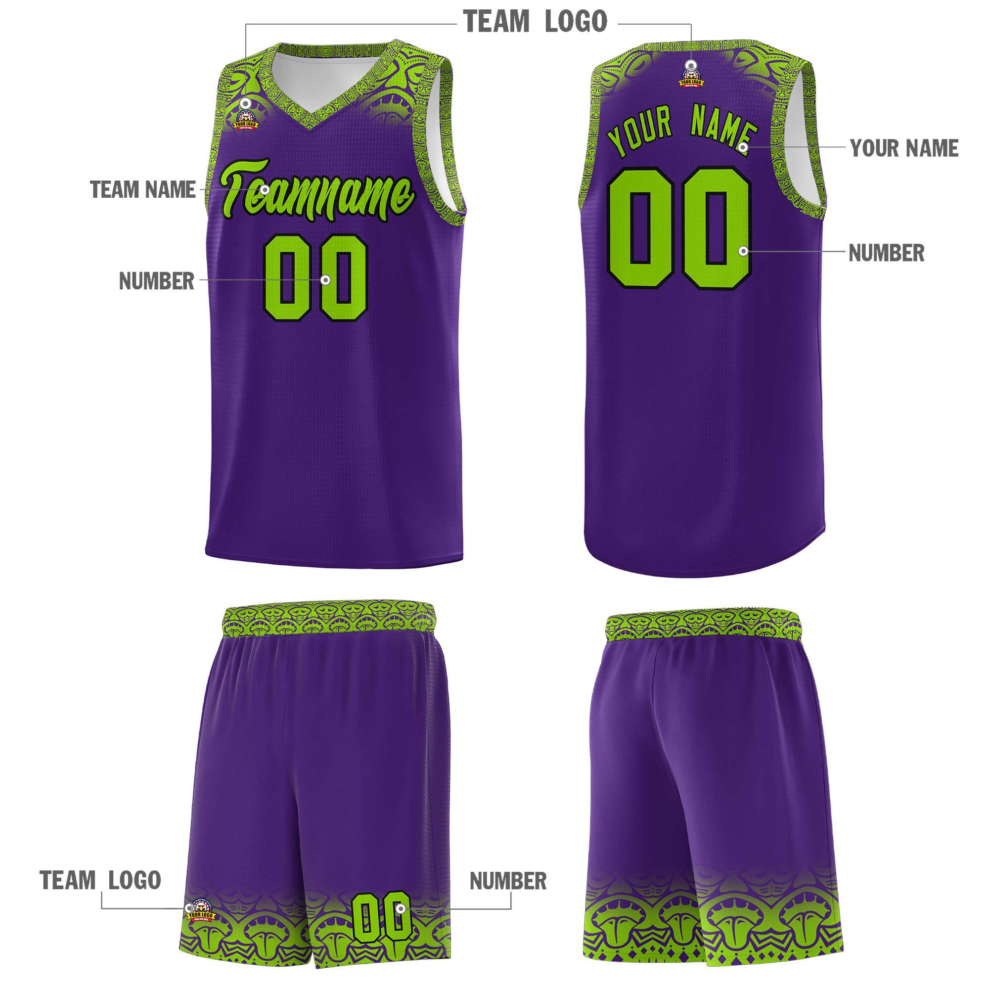 Custom Purple Green Personalized Indians Print Kits Sports Uniform Basketball Jersey|KXKSHOP