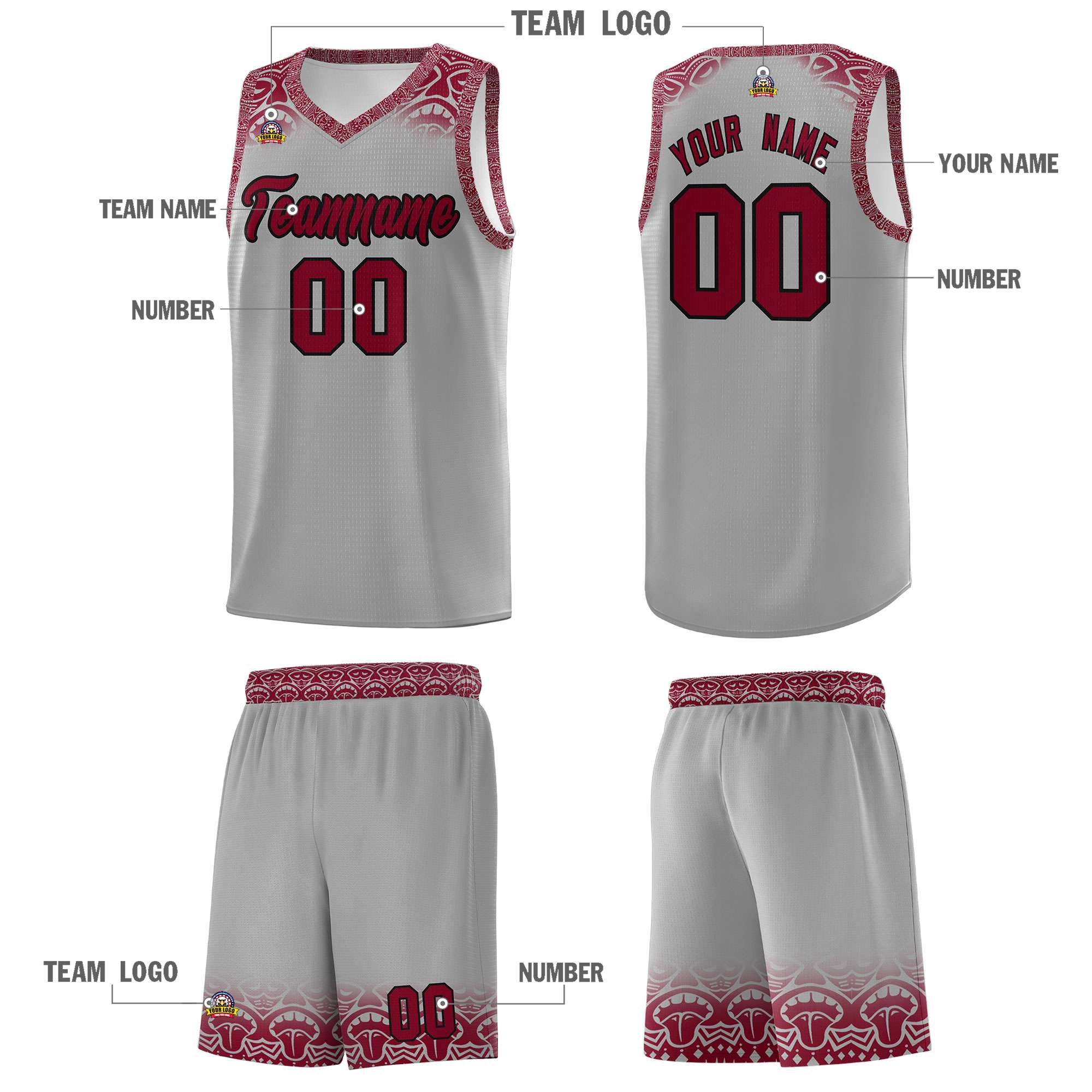 Custom Gray Crimson Personalized Indians Print Kits Sports Uniform Basketball Jersey|KXKSHOP