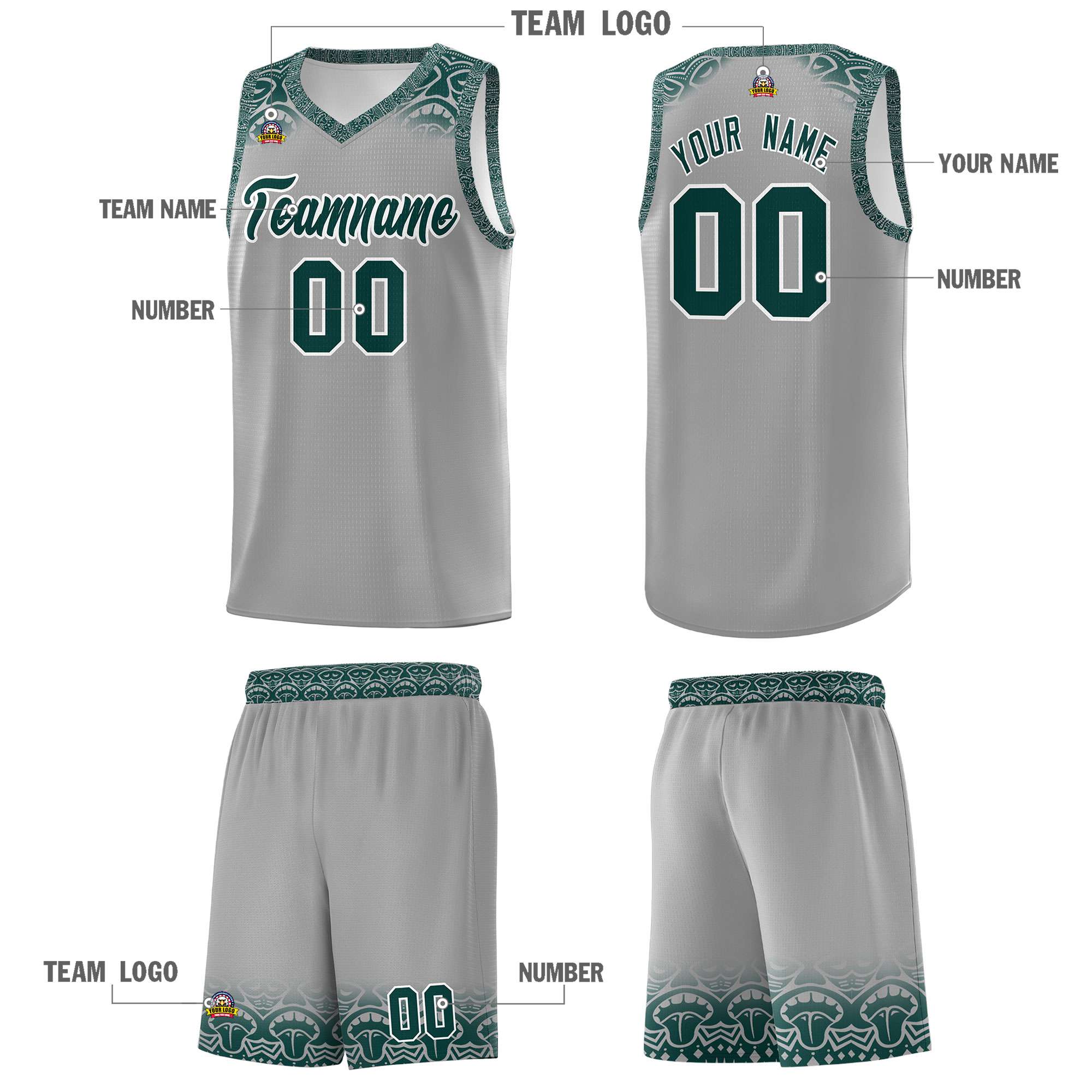 Custom Gray Midnight Green Personalized Indians Print Kits Sports Uniform Basketball Jersey|KXKSHOP
