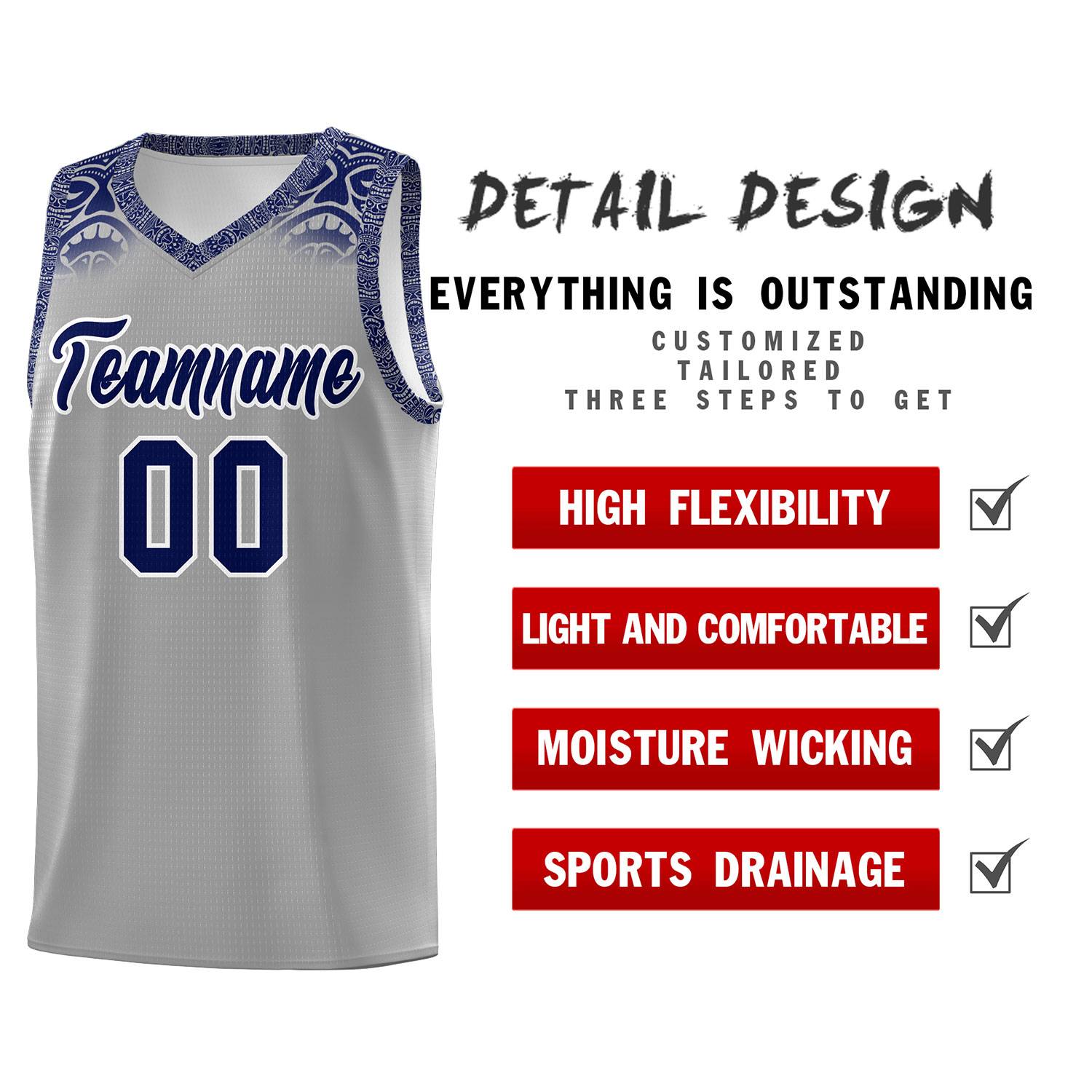 Custom Gray Royal Personalized Indians Print Kits Sports Uniform Basketball Jersey|KXKSHOP