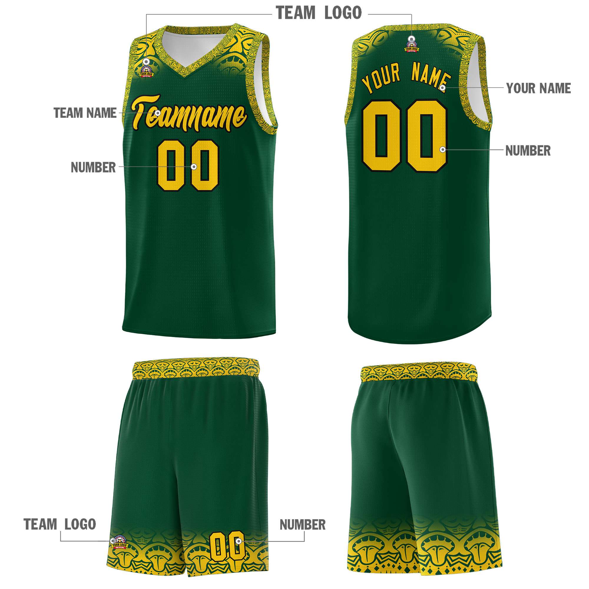 Custom Green Gold Personalized Indians Print Kits Sports Uniform Basketball Jersey|KXKSHOP