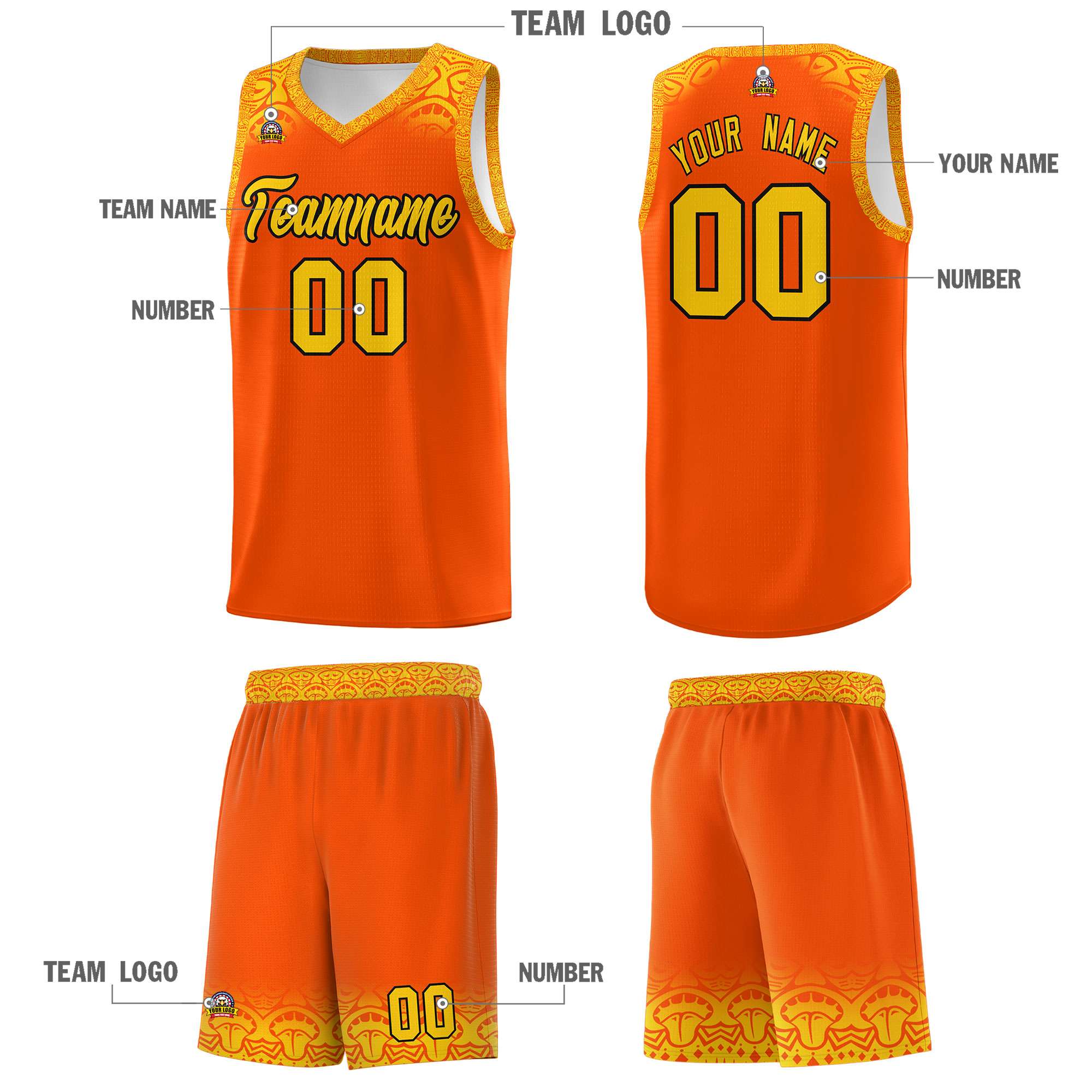 Custom Orange Gold Personalized Indians Print Kits Sports Uniform Basketball Jersey|KXKSHOP