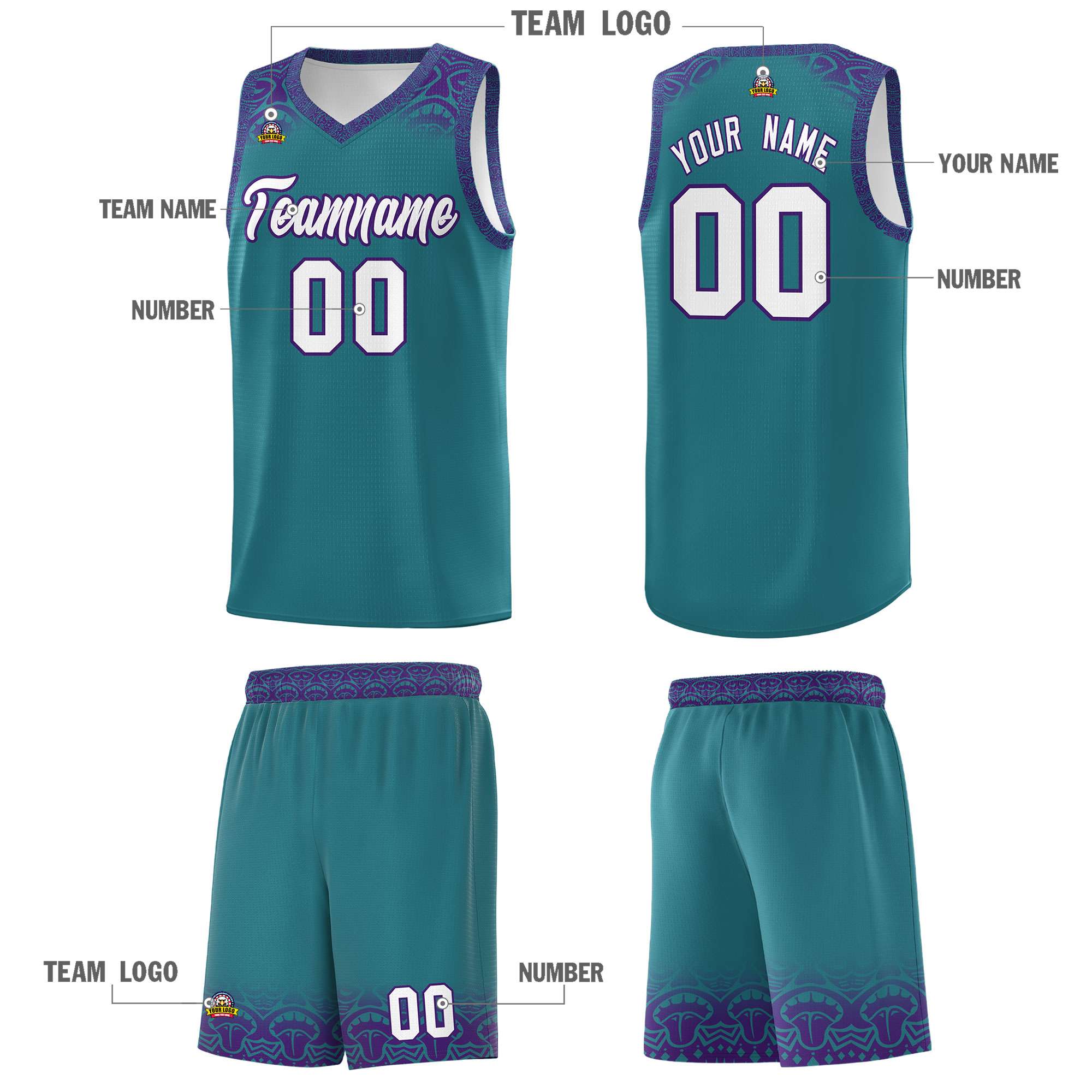 Custom Aqua Purple Personalized Indians Print Kits Sports Uniform Basketball Jersey|KXKSHOP